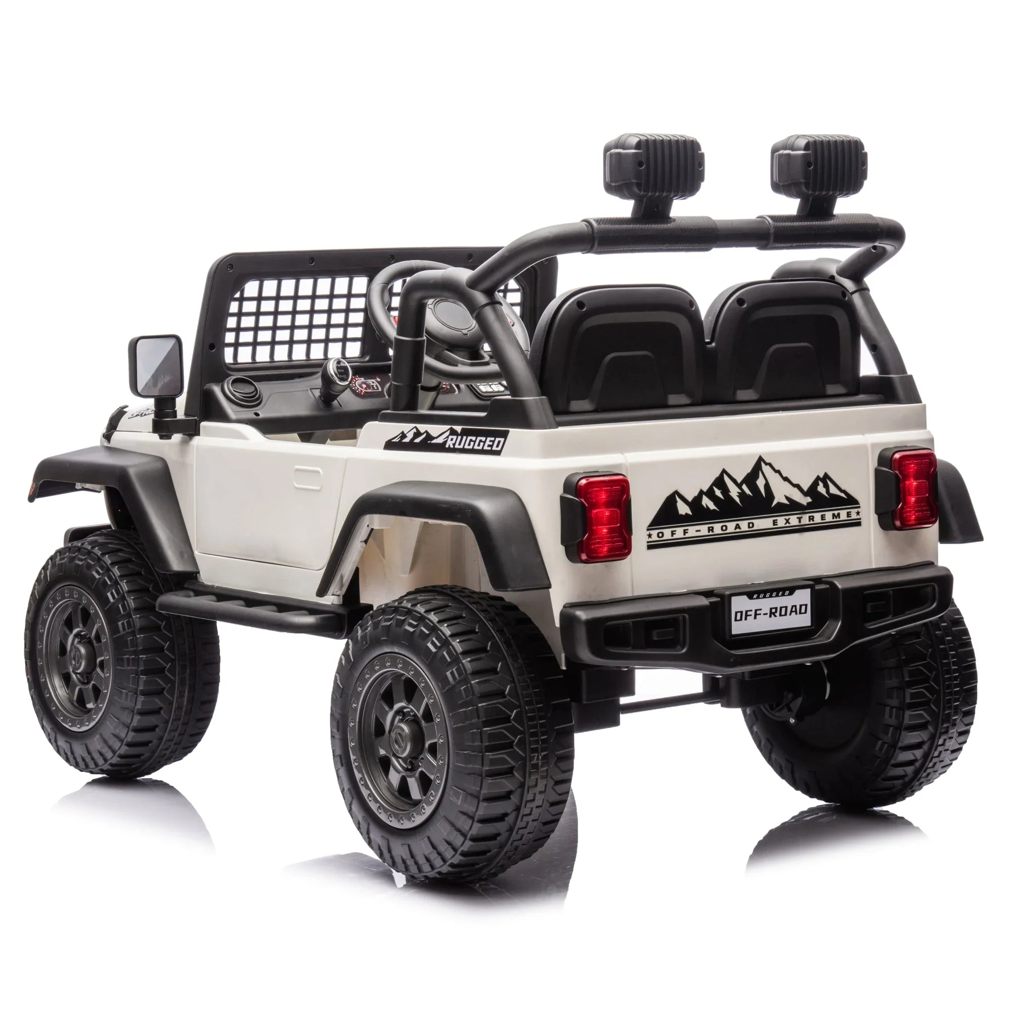 White kids' ride-on off-road toy car with rugged tires and mountain graphics