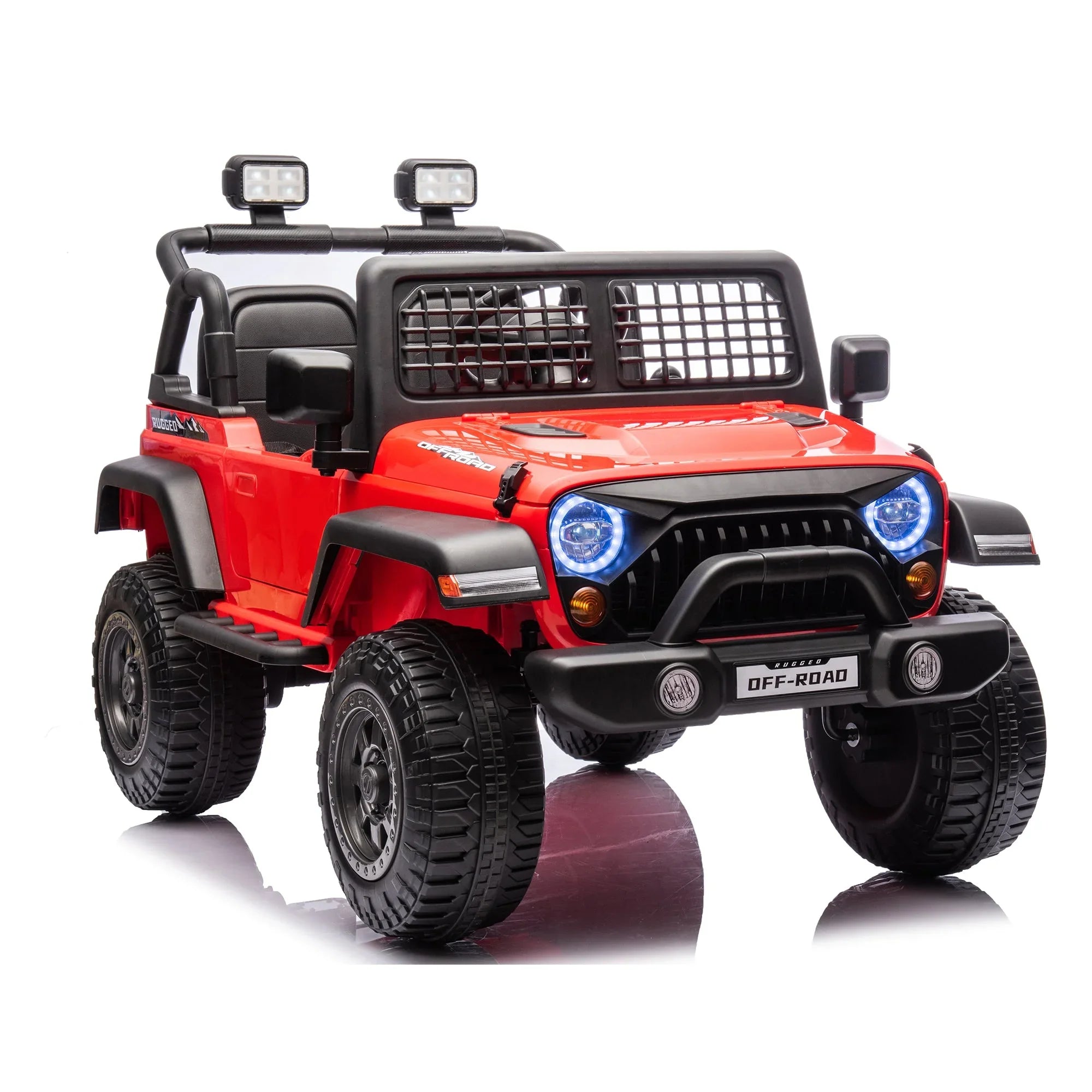 Red kids electric ride-on off-road Jeep toy car with LED headlights on white background