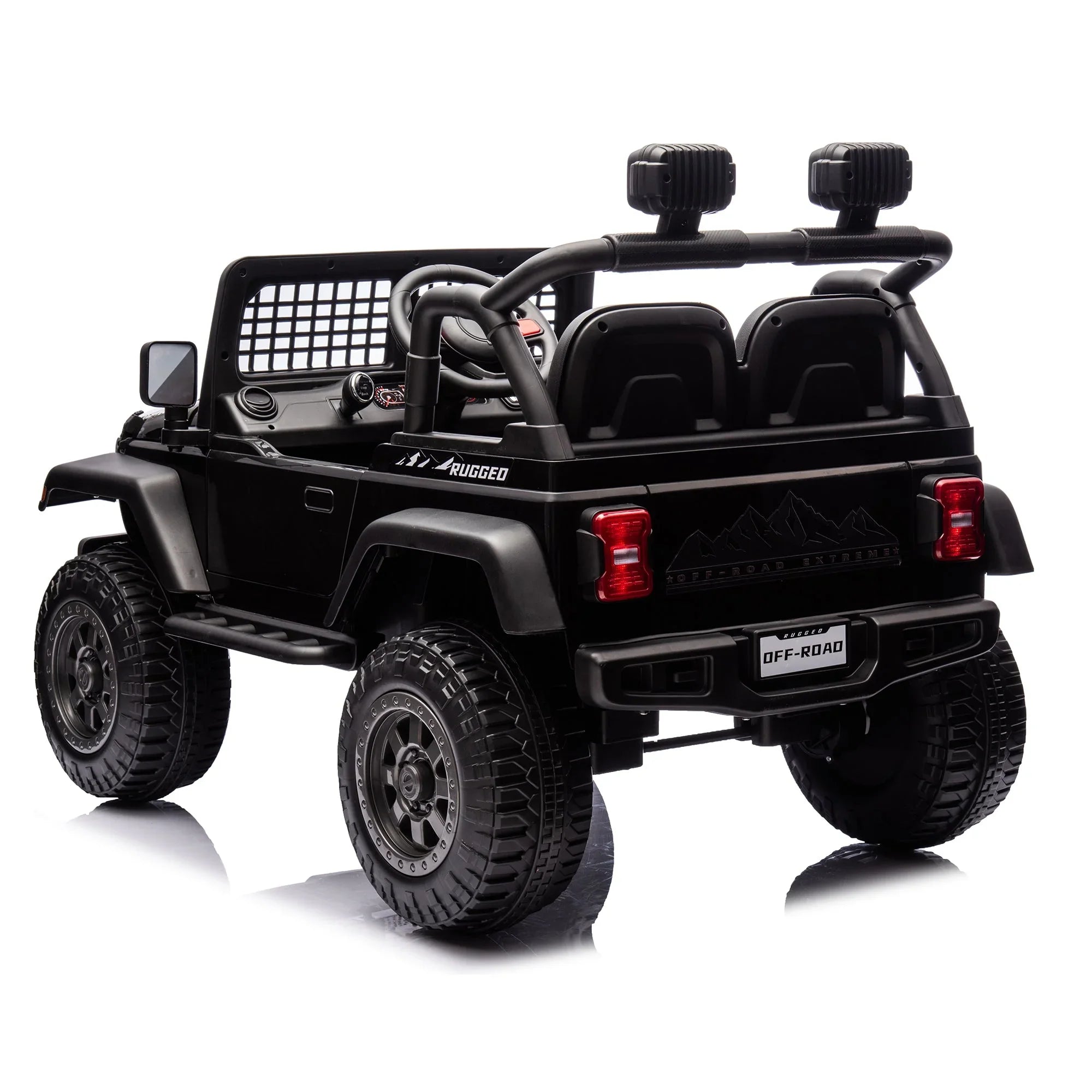 Black kids rugged ride-on jeep with off-road tires and dual seats on white background