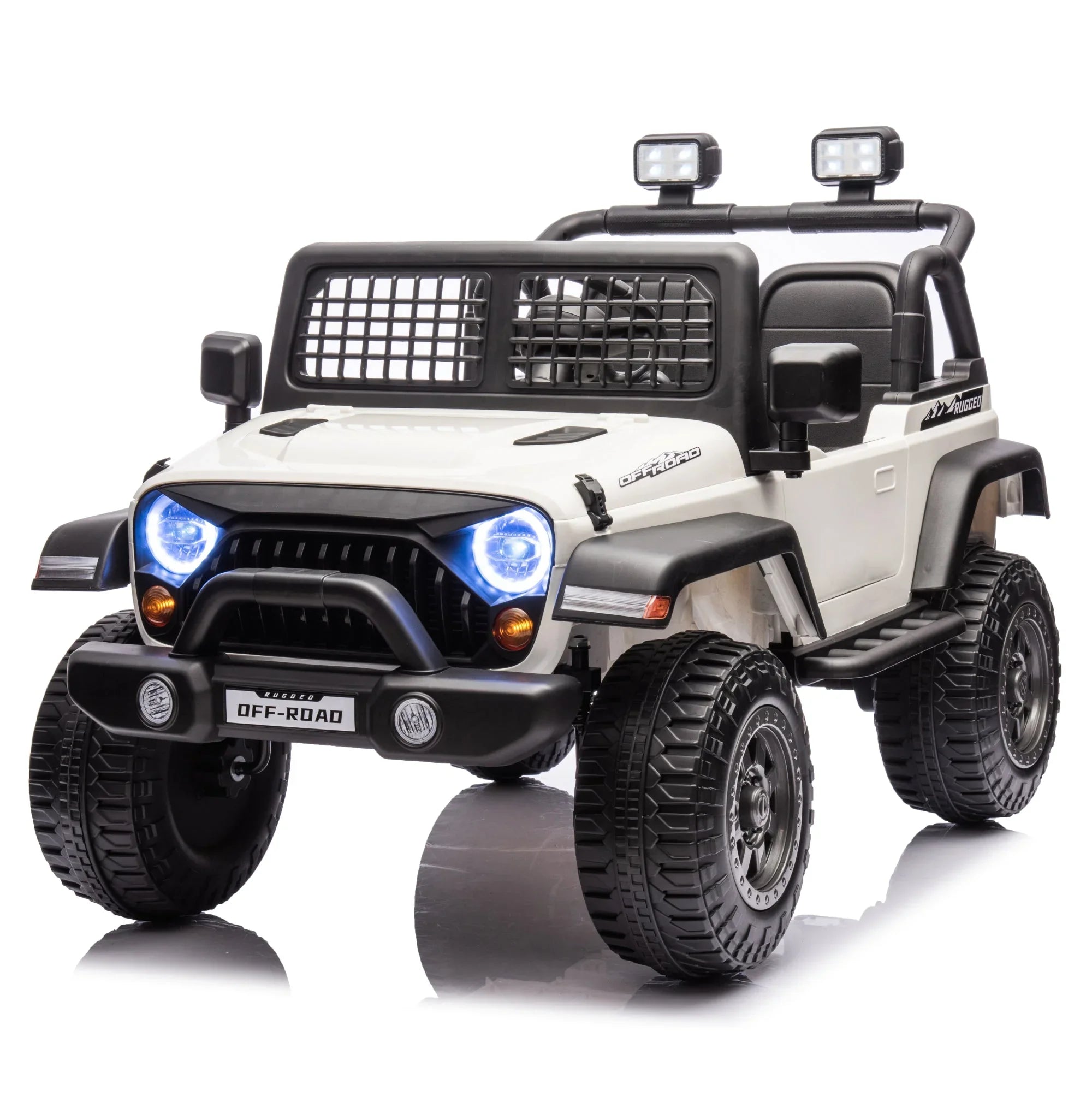 White kids ride on off-road jeep toy car with LED headlights and rugged tires