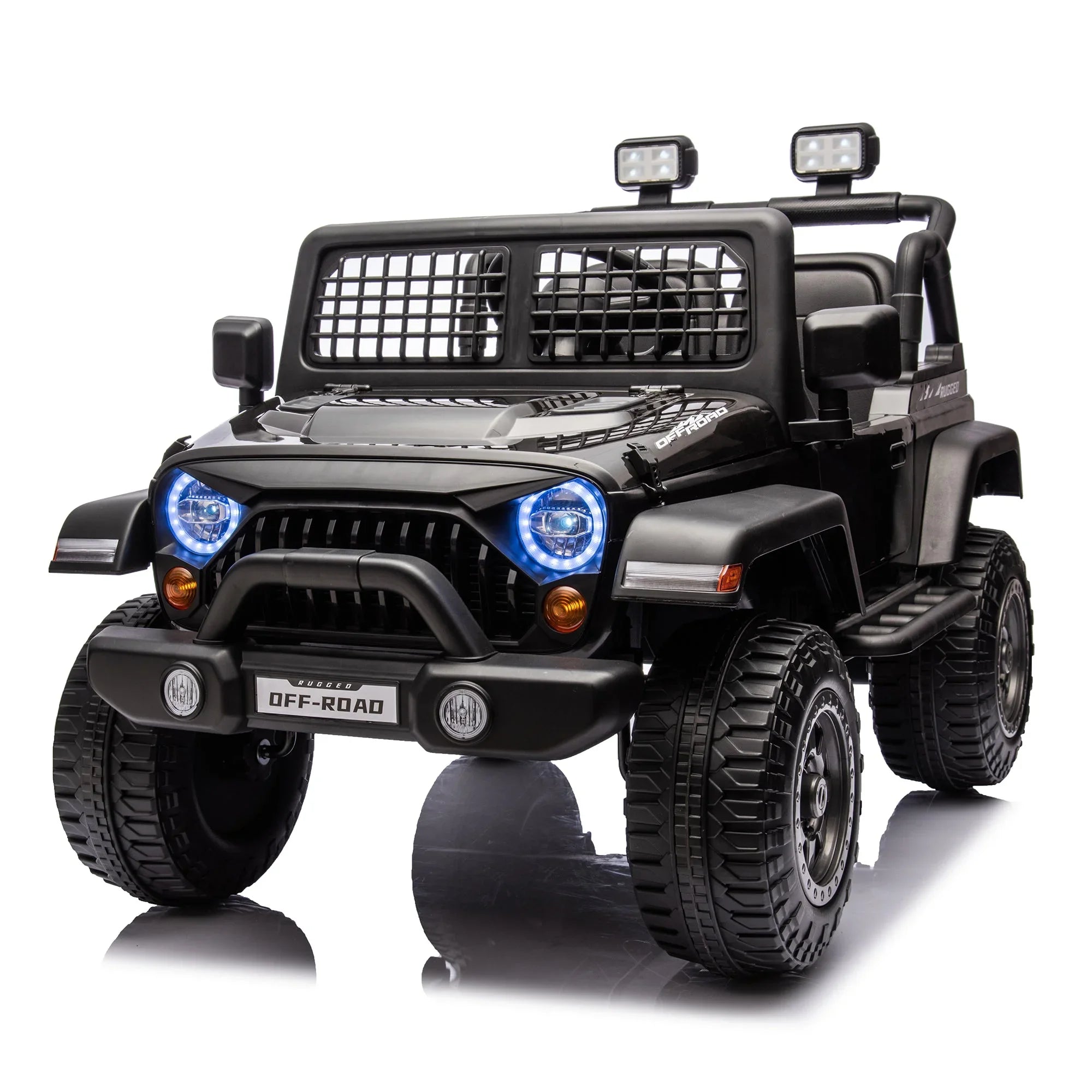 Black ride-on off-road toy car with LED headlights, rugged tires, and front grill mesh