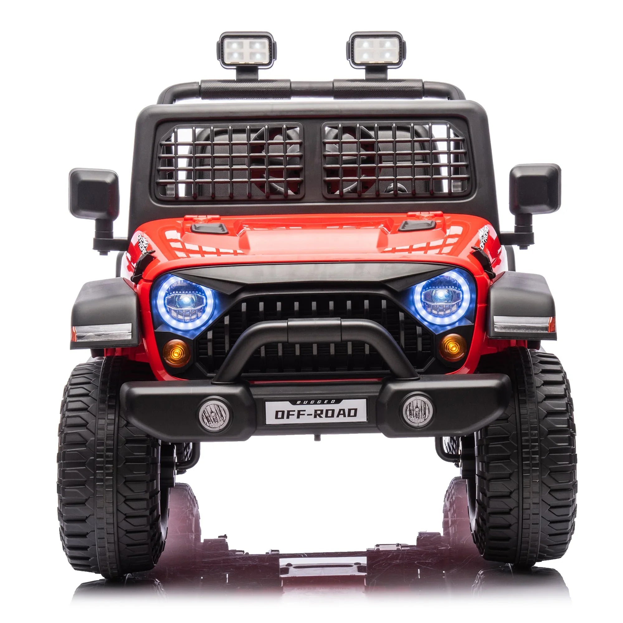 Red kids' ride on off-road jeep toy car with LED headlights and rugged tires, front view