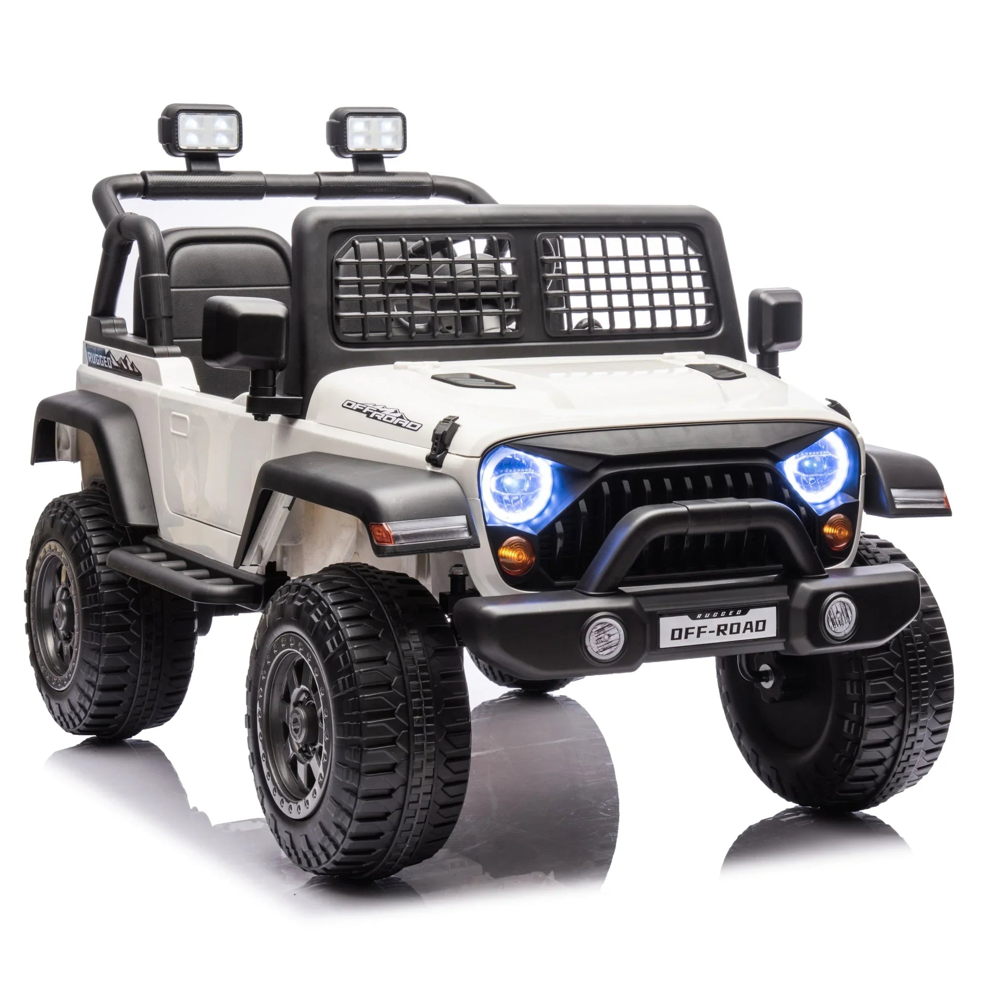 White kids ride on off-road toy jeep with headlights and rugged tires on white background.