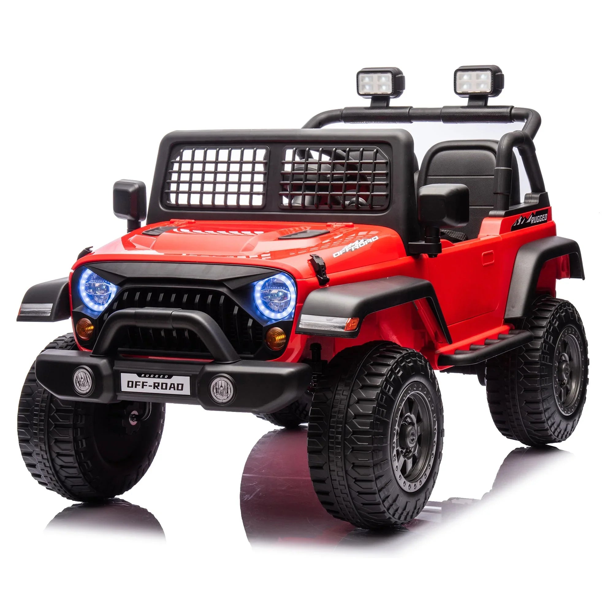 Red toy off-road Jeep with black grill, LED headlights, and rugged tires on white background.