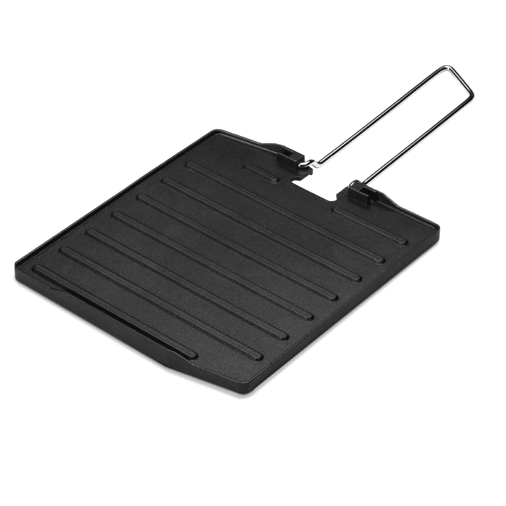 Primus Campfire griddle plate with metal folding handle, black ridged surface
