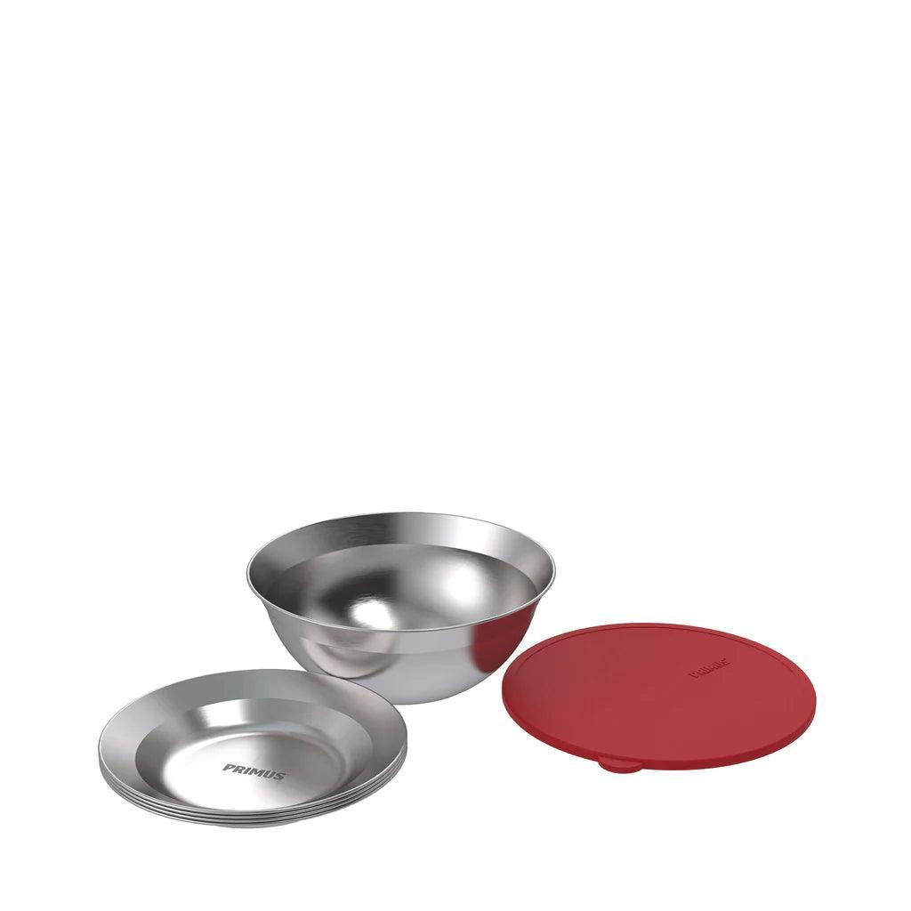 Primus campfire serving kit with stainless steel bowl, three plates, and red lid
