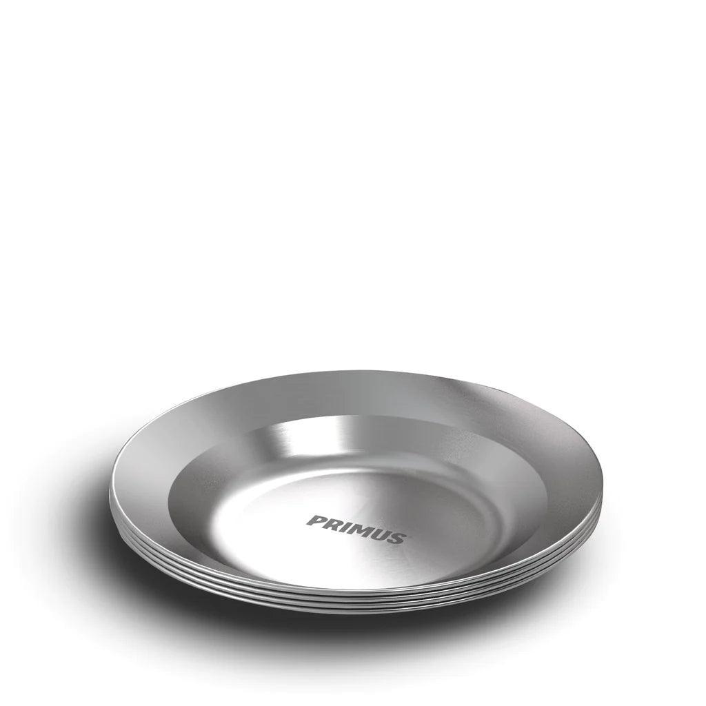 Primus stainless steel campfire serving plates set on white background