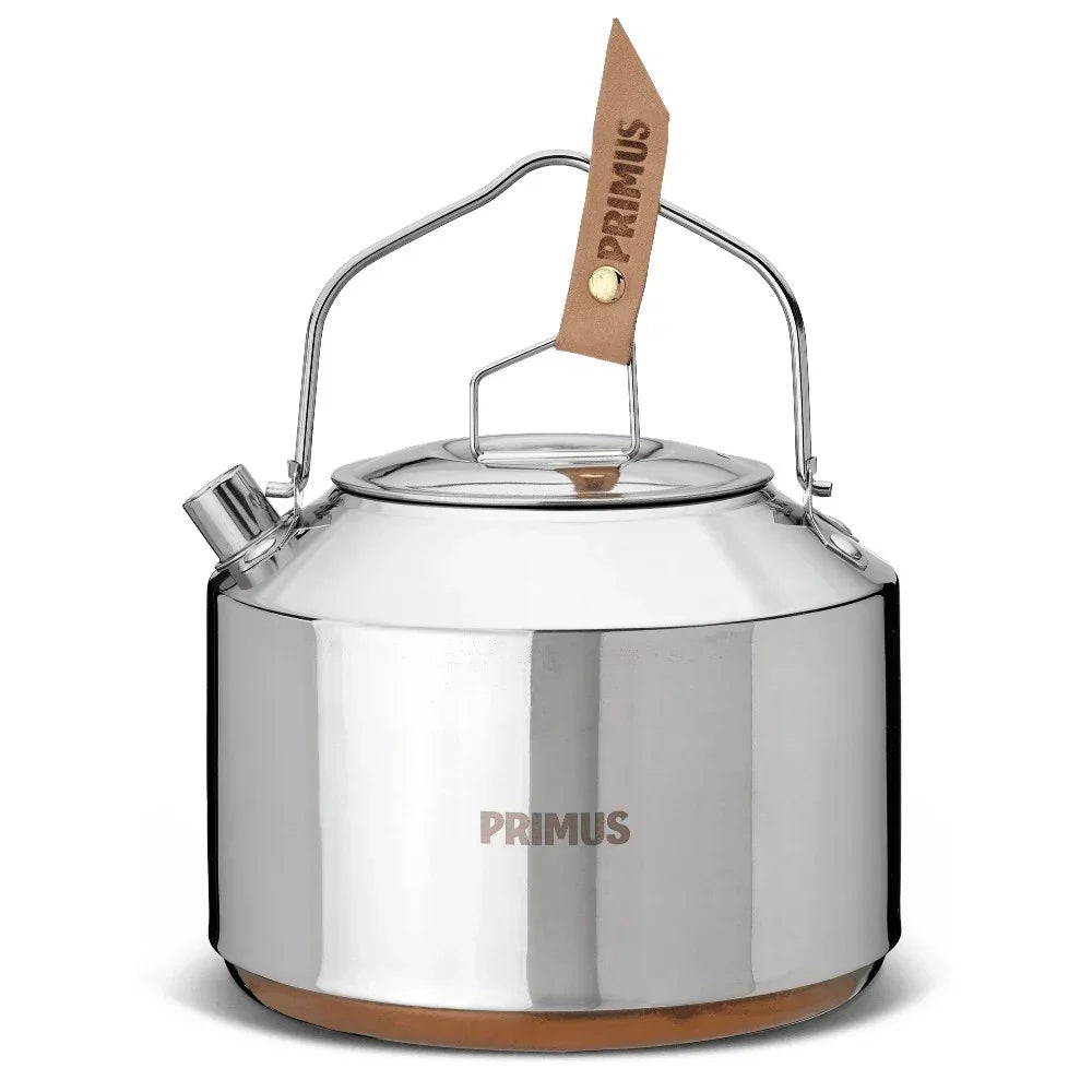 Primus stainless steel kettle 1L with handle and spout, leather tag, on white background