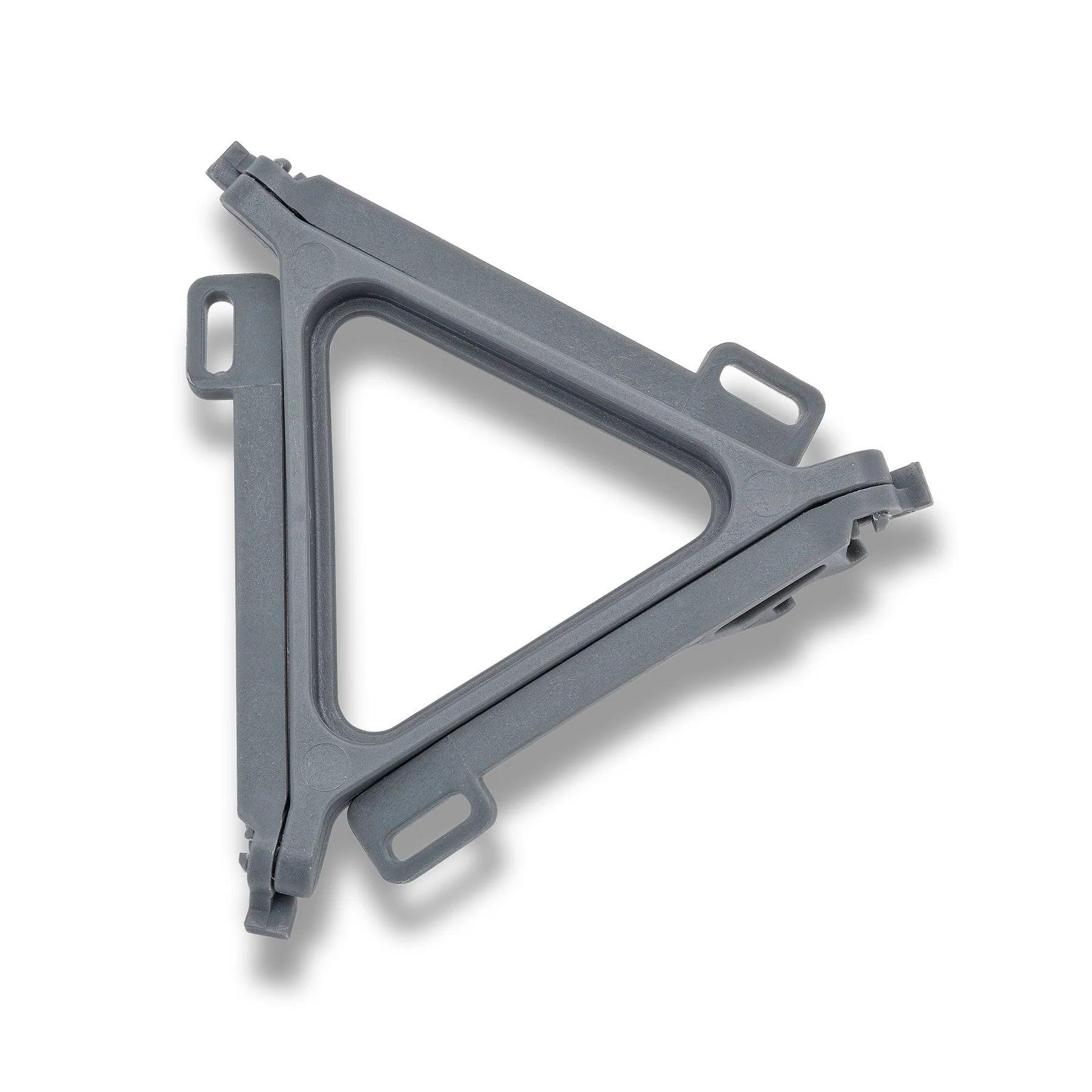 Primus canister stand folded, gray plastic, outdoor camping stove accessory on white background