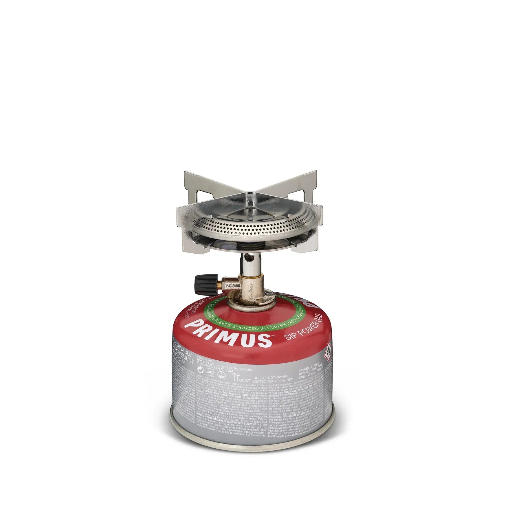Primus portable camping gas stove with red fuel canister on white background