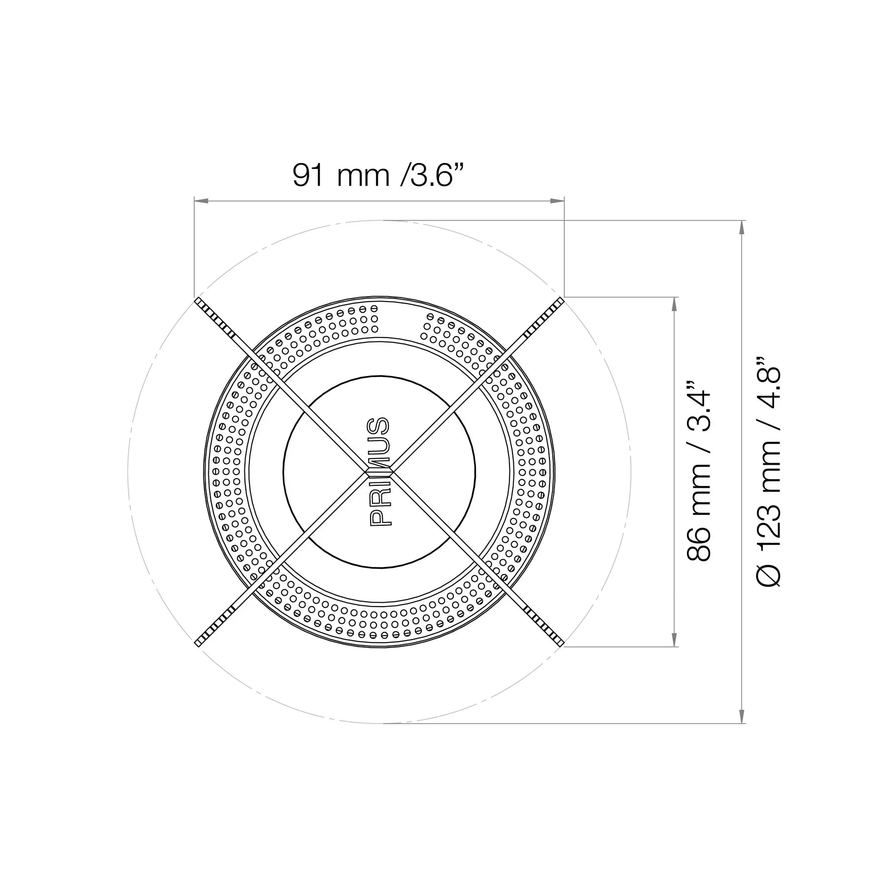 Primus Mimer Classic Trail Stove top view with dimensions 91mm, 86mm, 123mm labeled.
