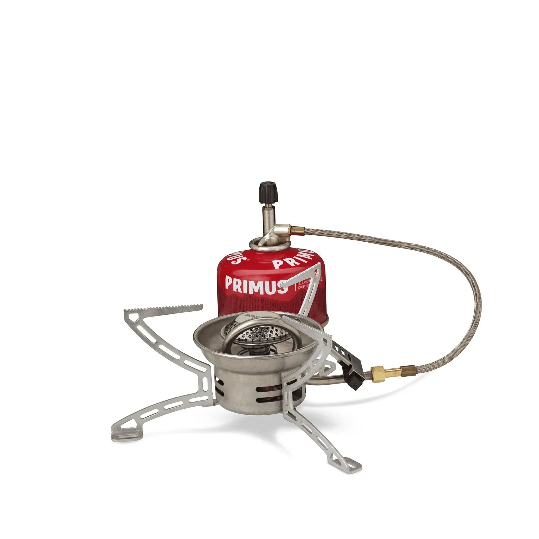 Primus portable camping gas stove with red fuel canister and metal support stand