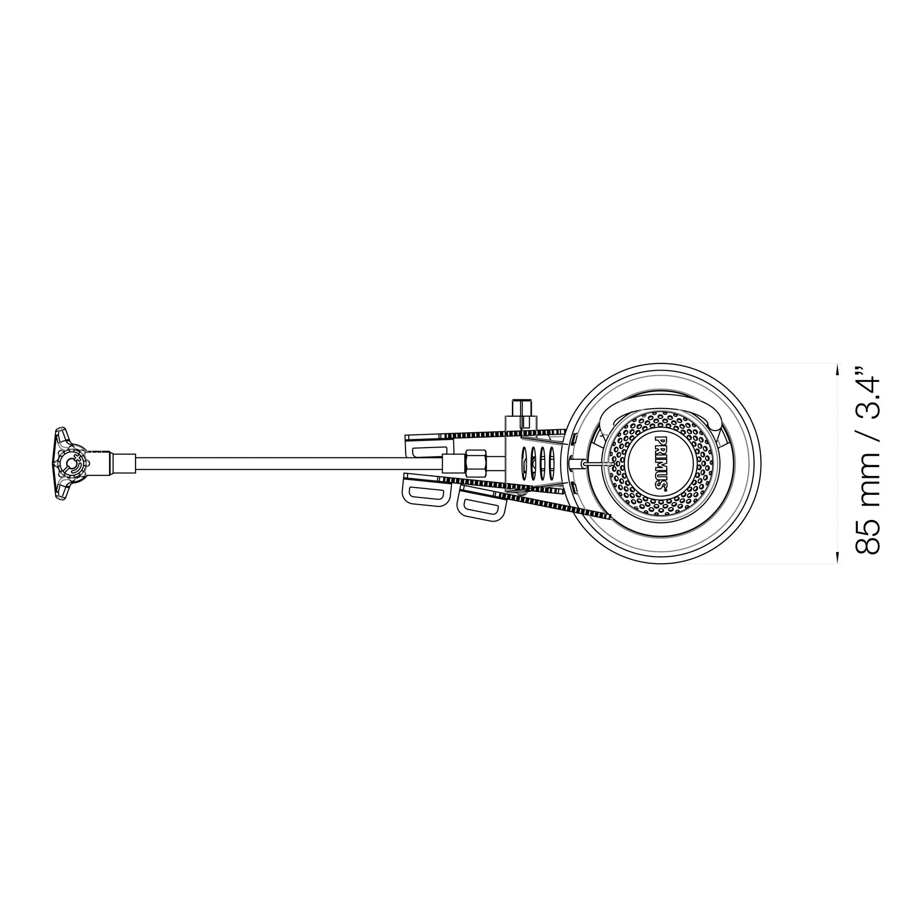 Primus EasyFuel stove technical drawing, 85mm width, top view