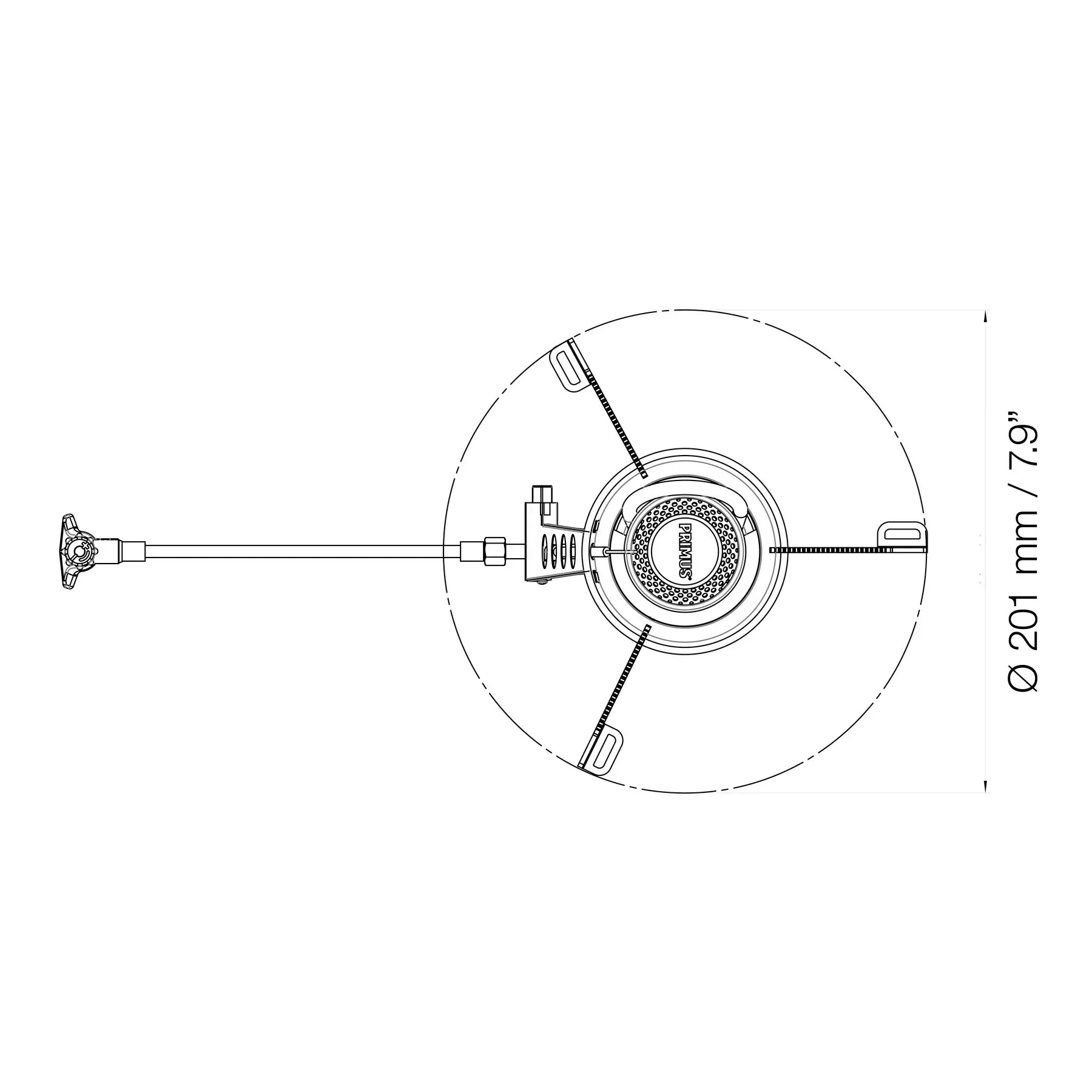 Top view line drawing of Primus EasyFuel stove, showing 201mm diameter measurement.