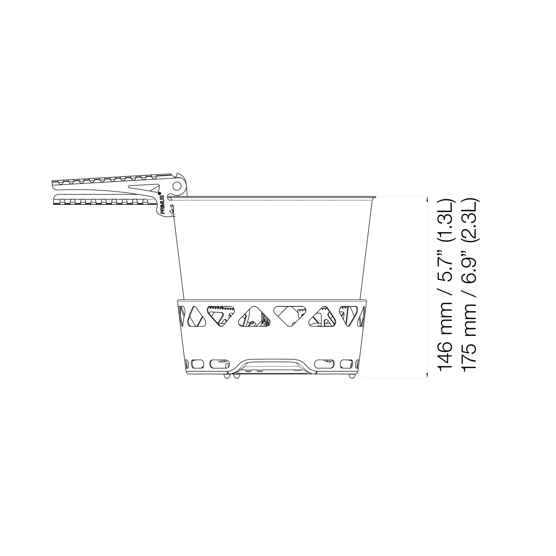 Essential stove set side view diagram with handle, showing heights 146mm and 175mm.