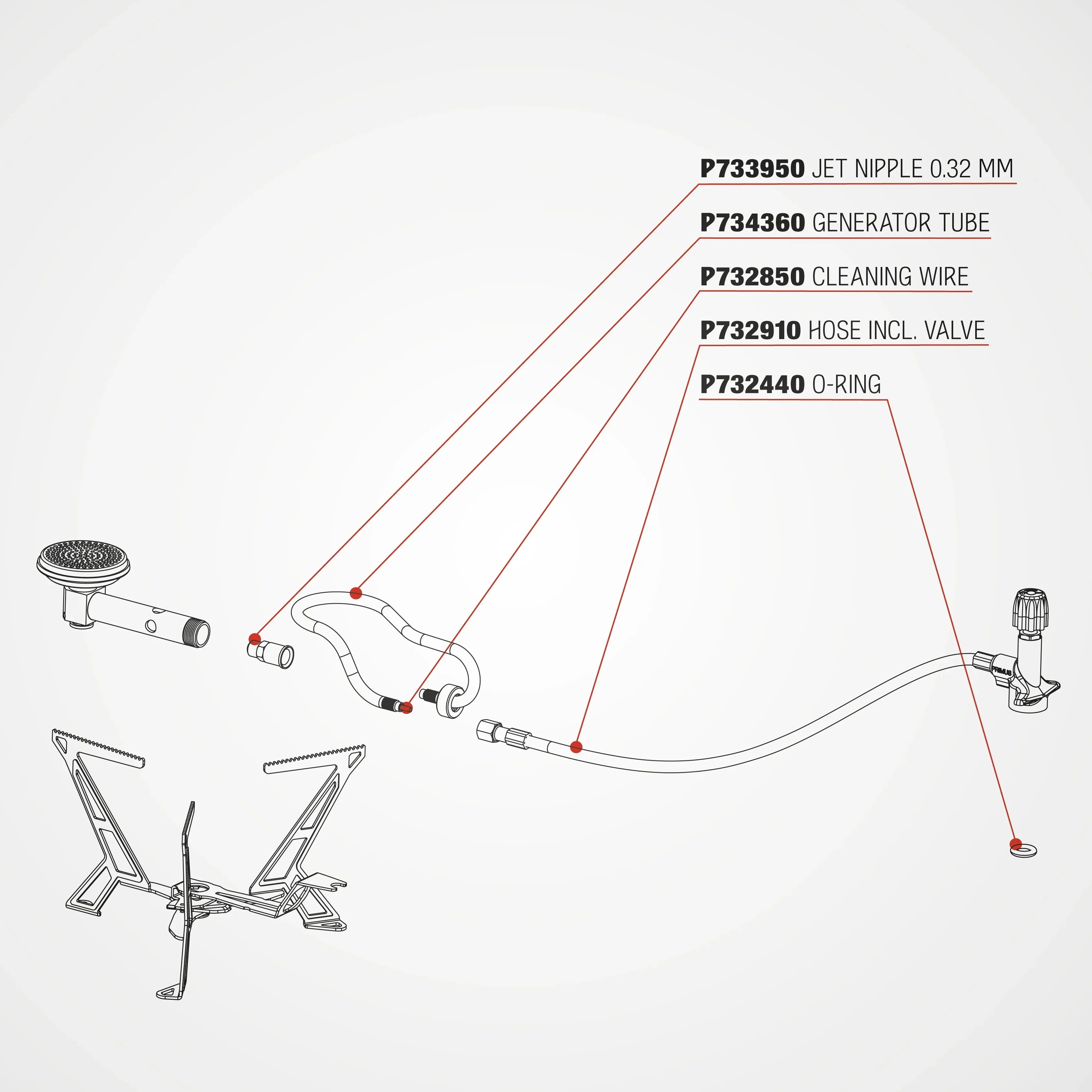 Exploded view of Express Spider stove showing labeled parts: jet nipple, generator tube, cleaning wire, hose with valve, and O-ring.