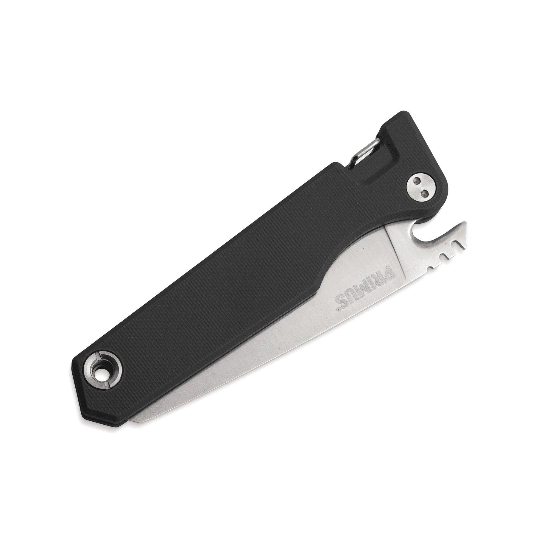 Primus FieldChef pocket knife with black handle and stainless steel blade on white background