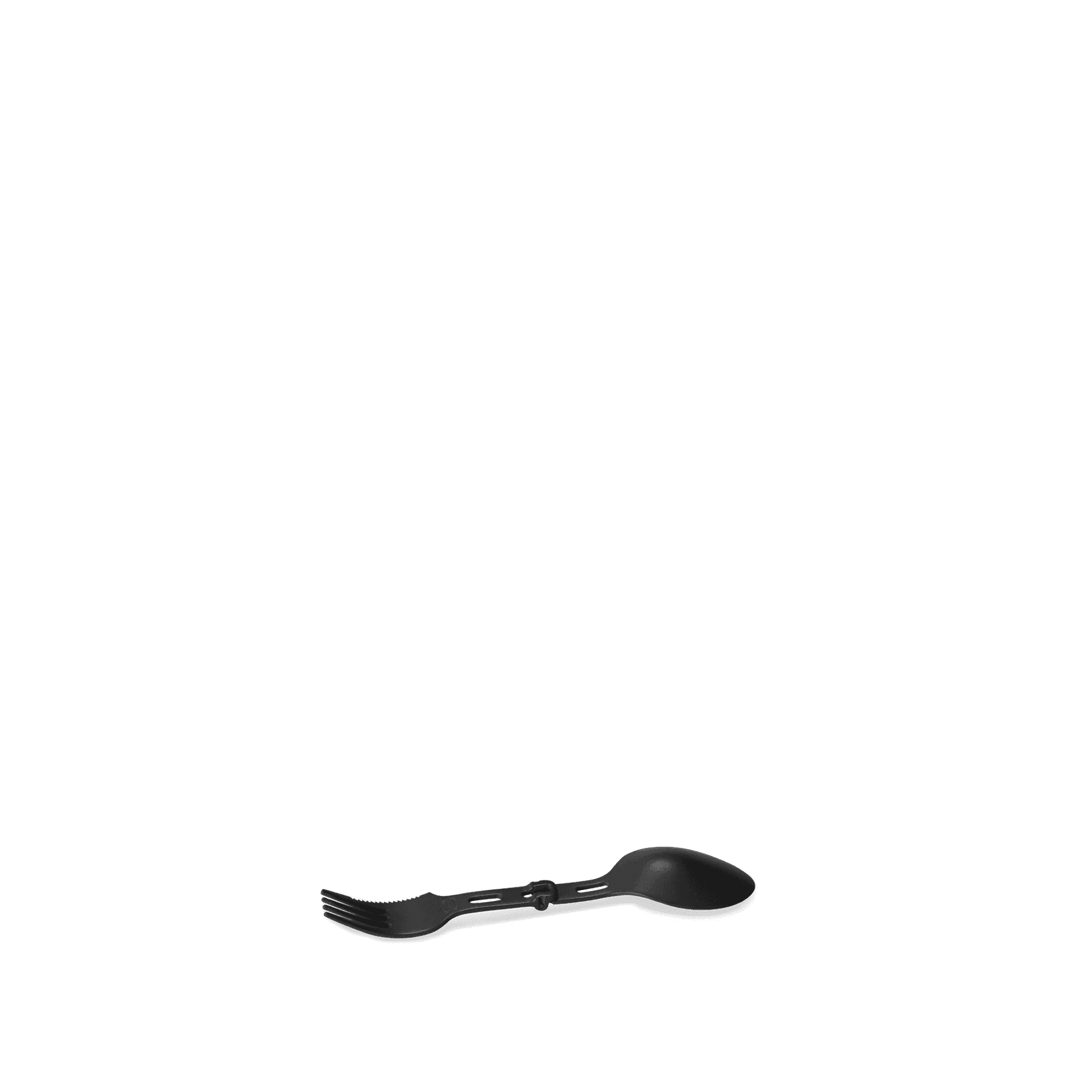 Black folding spork utensil on plain background, compact camping cutlery