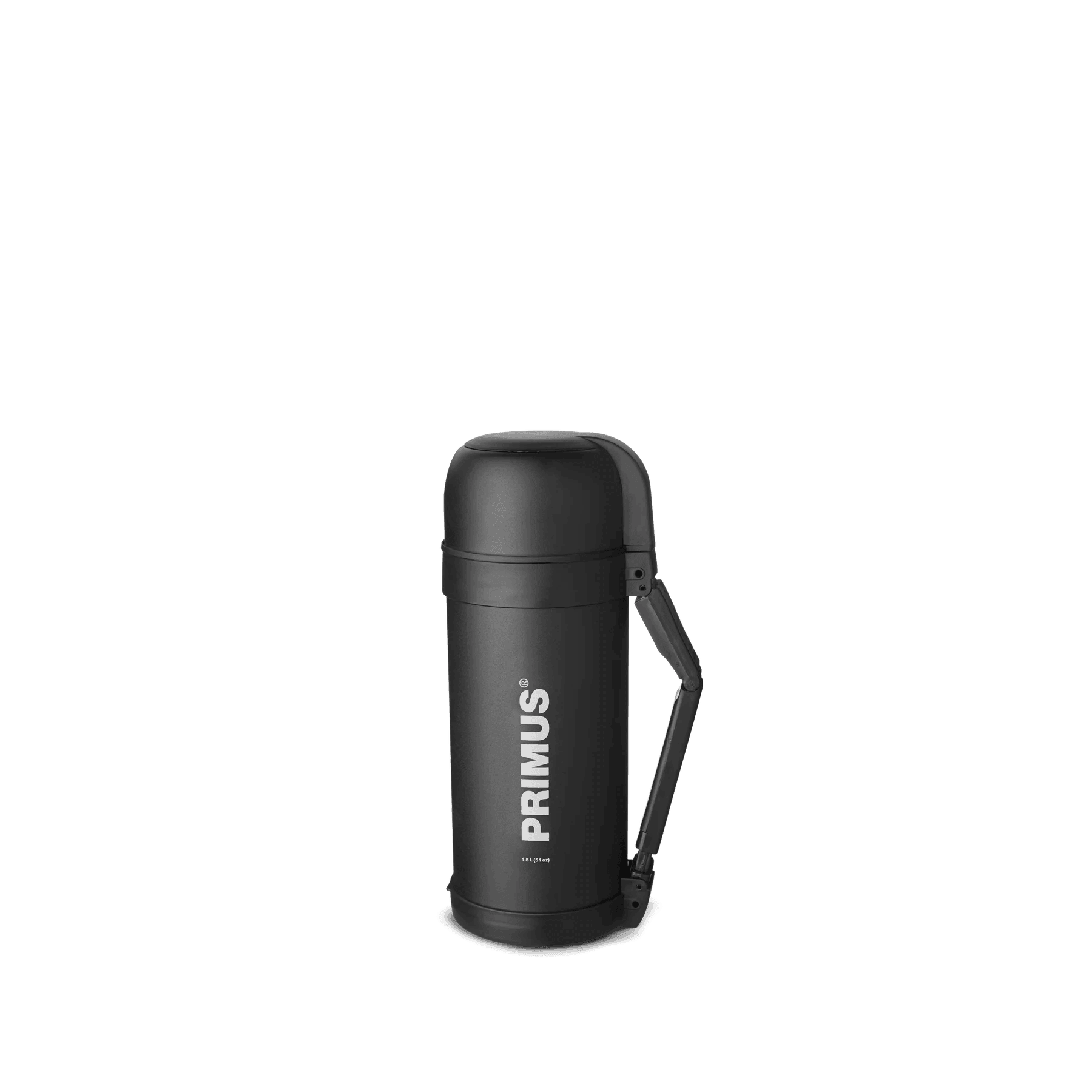 Primus 1.2L black food vacuum bottle with handle on plain background