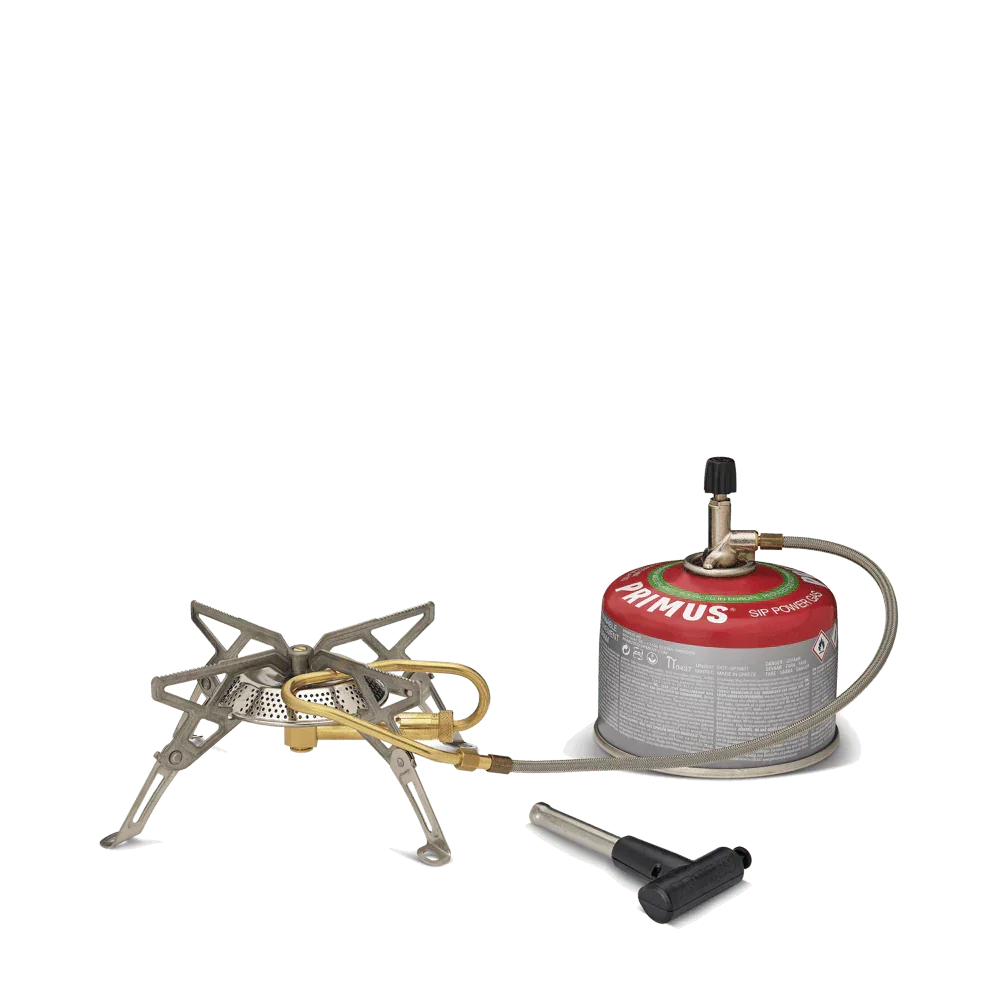 Primus camping stove with gas canister and ignition tool on white background