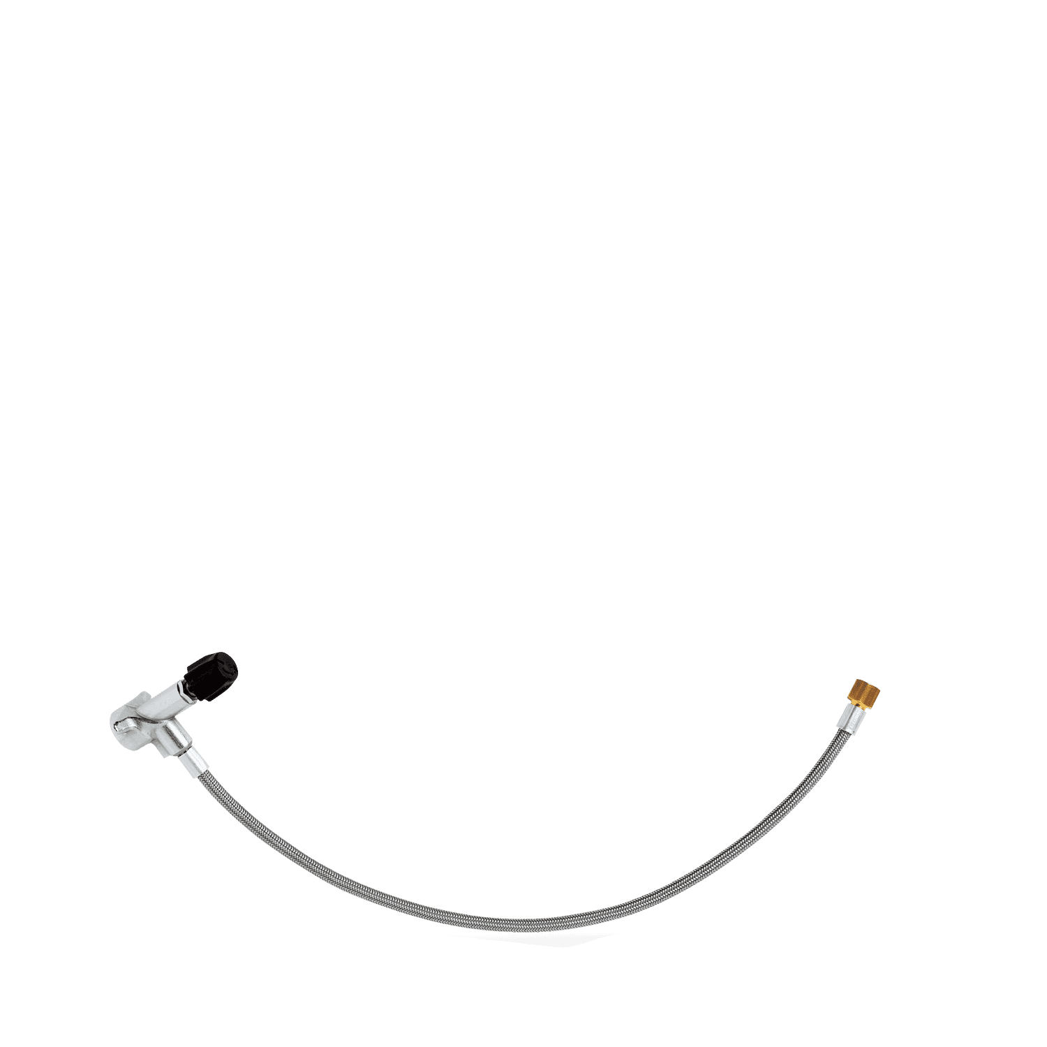 Flexible braided multifuel hose with metal fittings on blue background