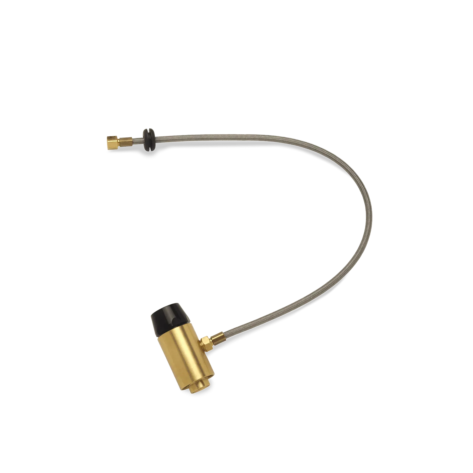 Primus hose kit with brass connector and flexible metal braided gas hose on black background