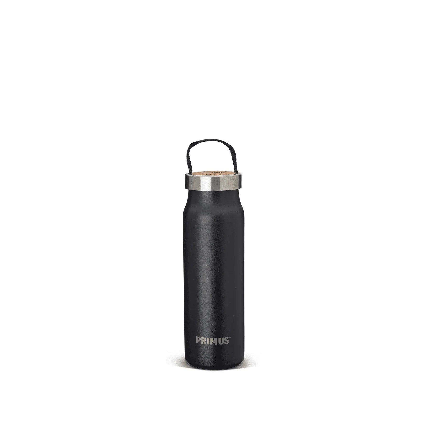 Black Primus Klunken vacuum insulated water bottle with silver lid and handle on white background