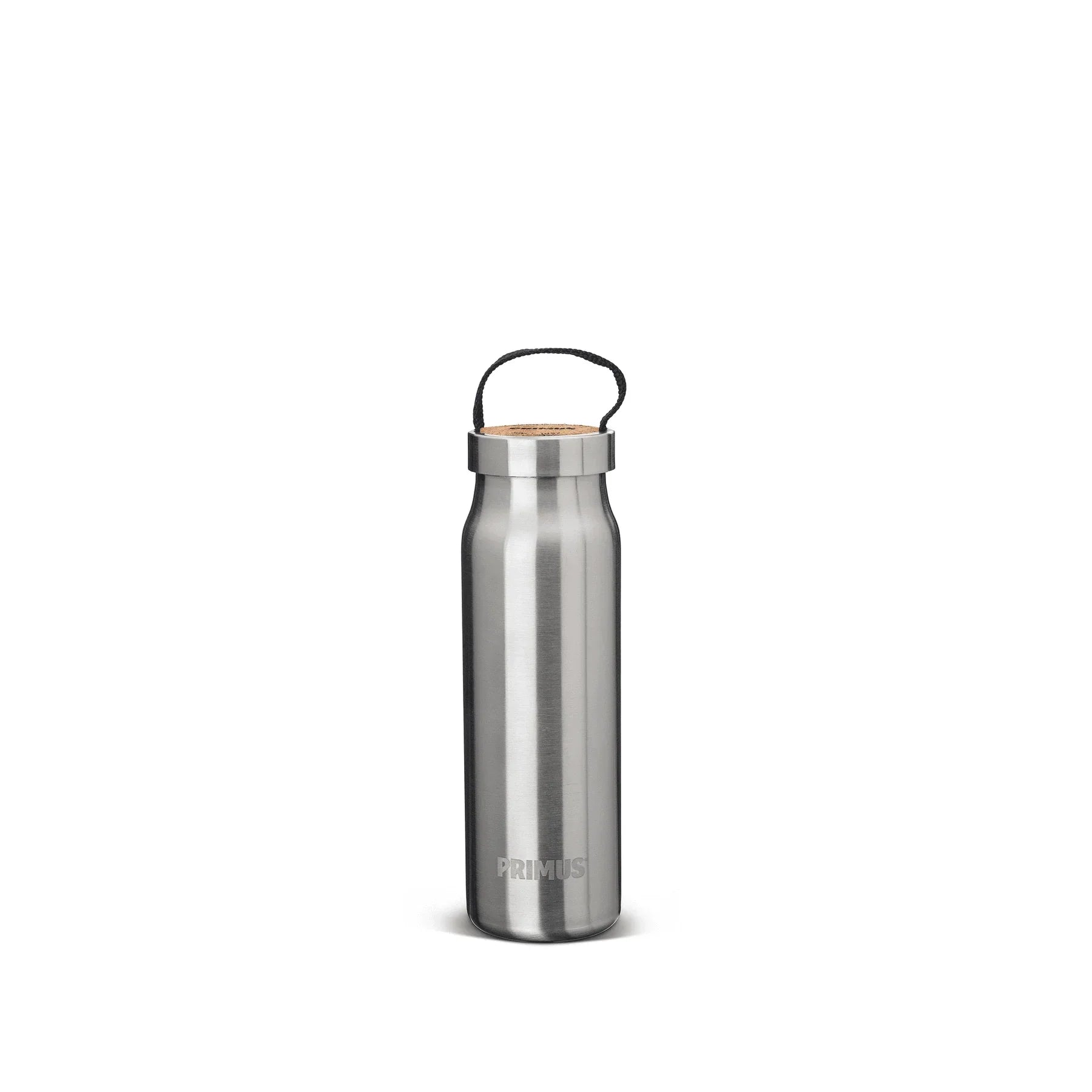 Primus stainless steel vacuum water bottle with cork lid and carrying loop, isolated on white