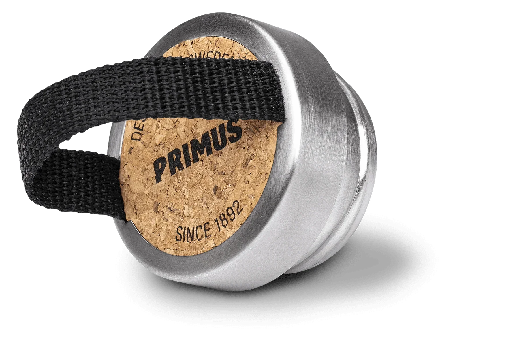 Primus Klunken bottle stainless steel cap with cork top and black fabric strap