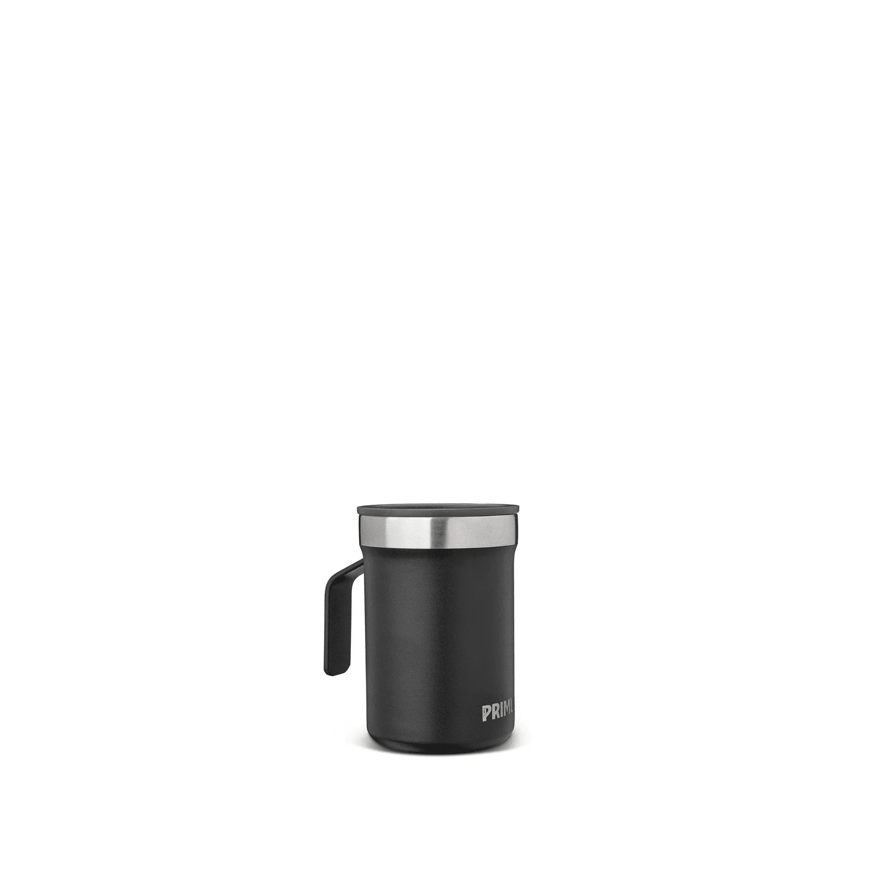 Black stainless steel coffee mug with handle on white background