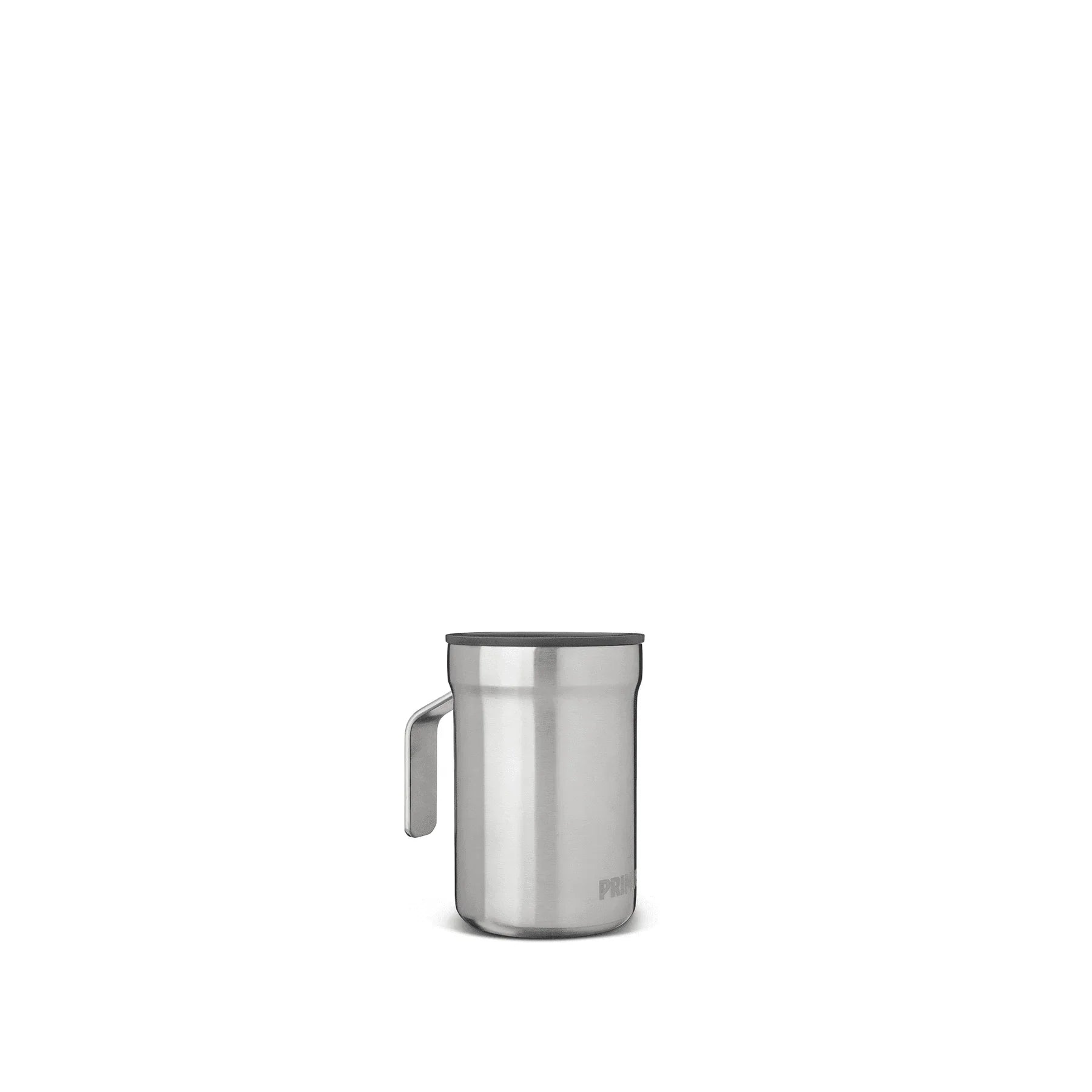 Stainless steel camping mug with handle on white background