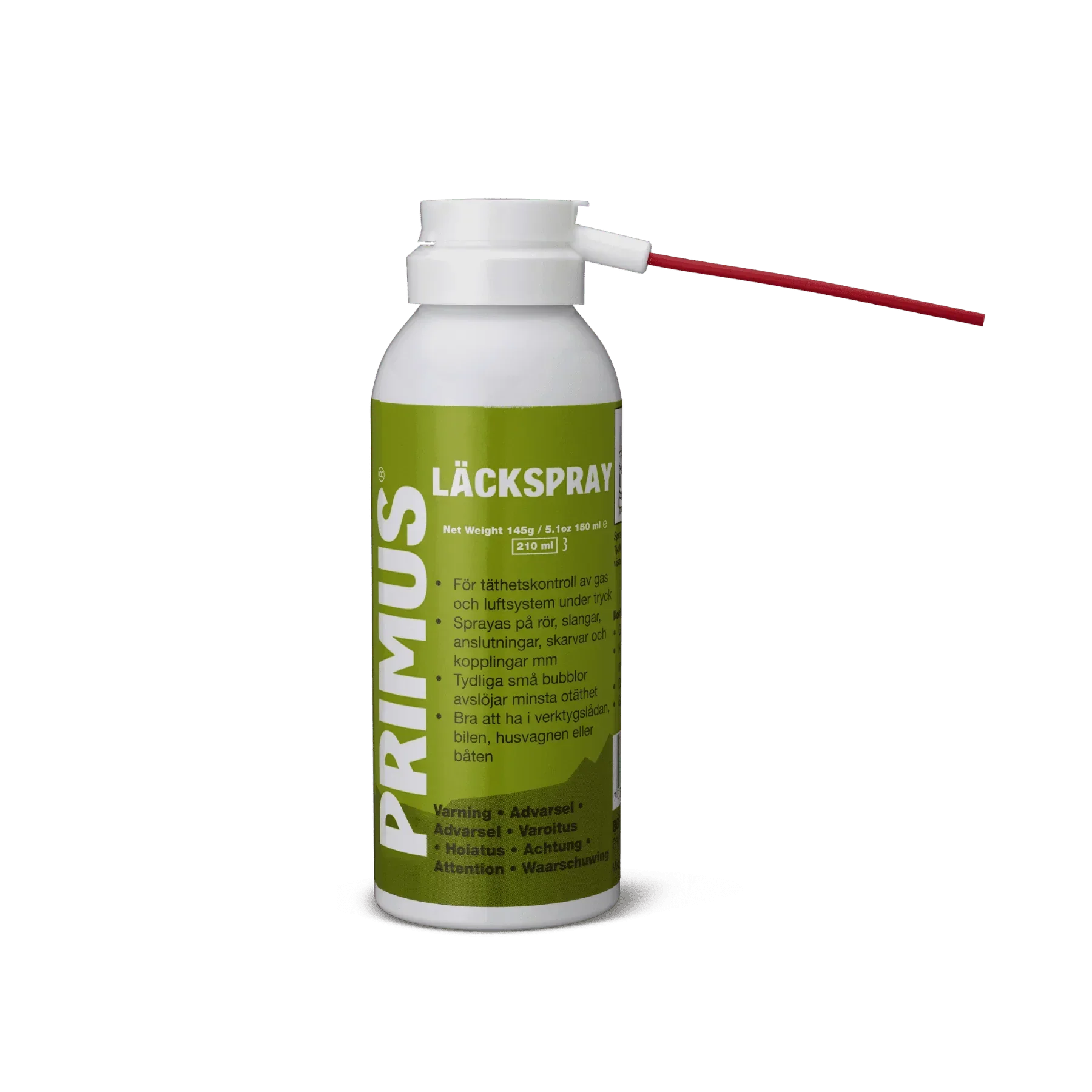 Primus Läckspray leak detection spray can with red nozzle on green background