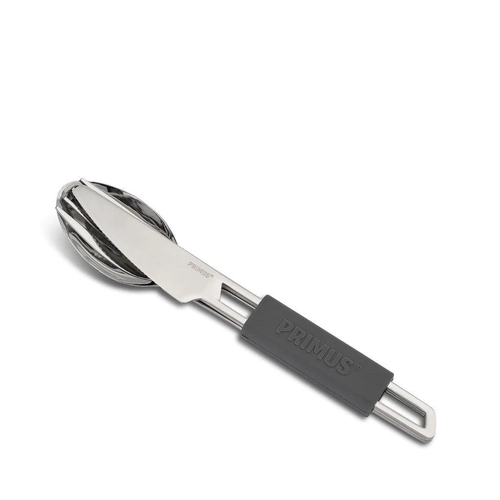 Primus stainless steel camping cutlery set with knife, fork, and spoon, on white background