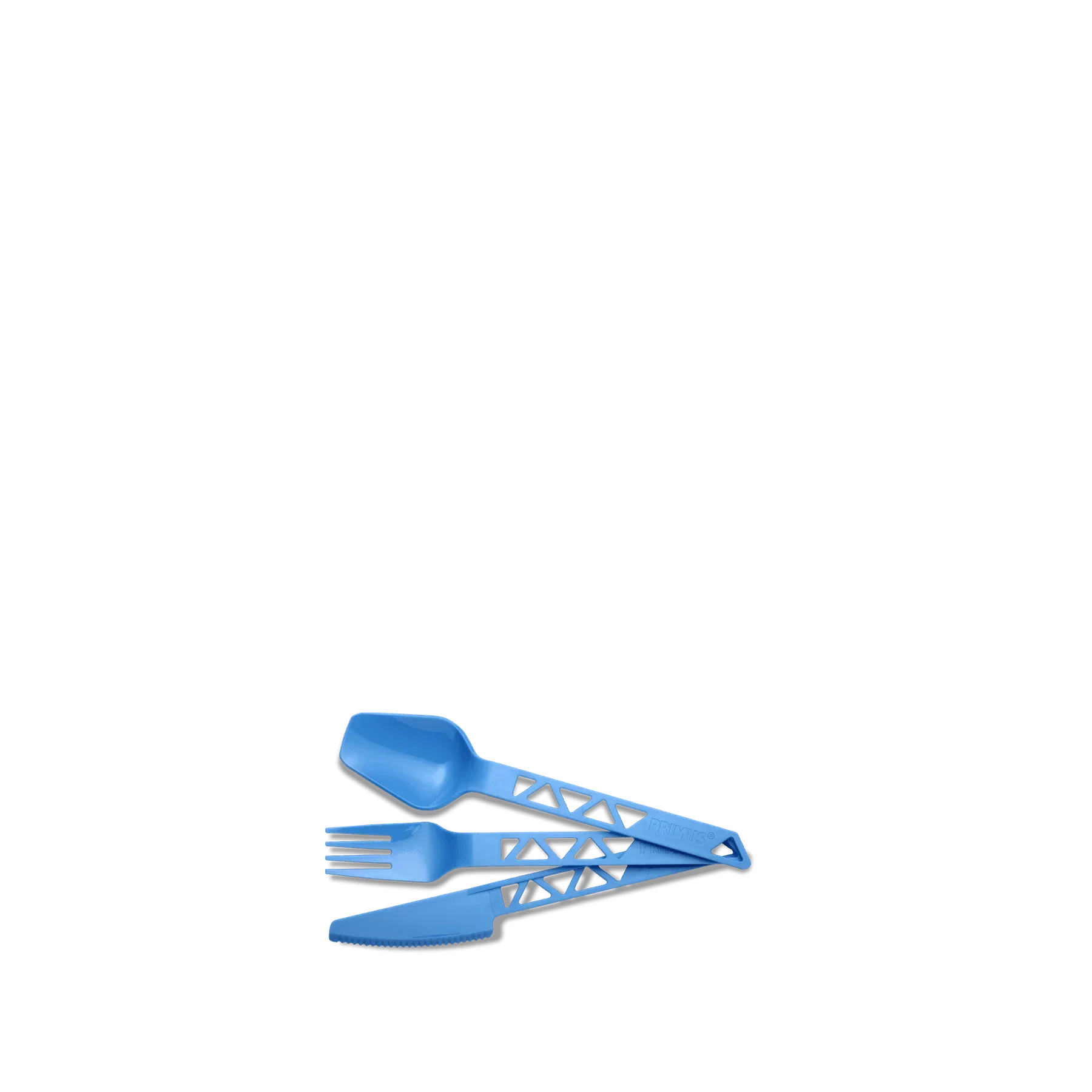 Blue lightweight camping cutlery set with knife, fork, and spoon on black background