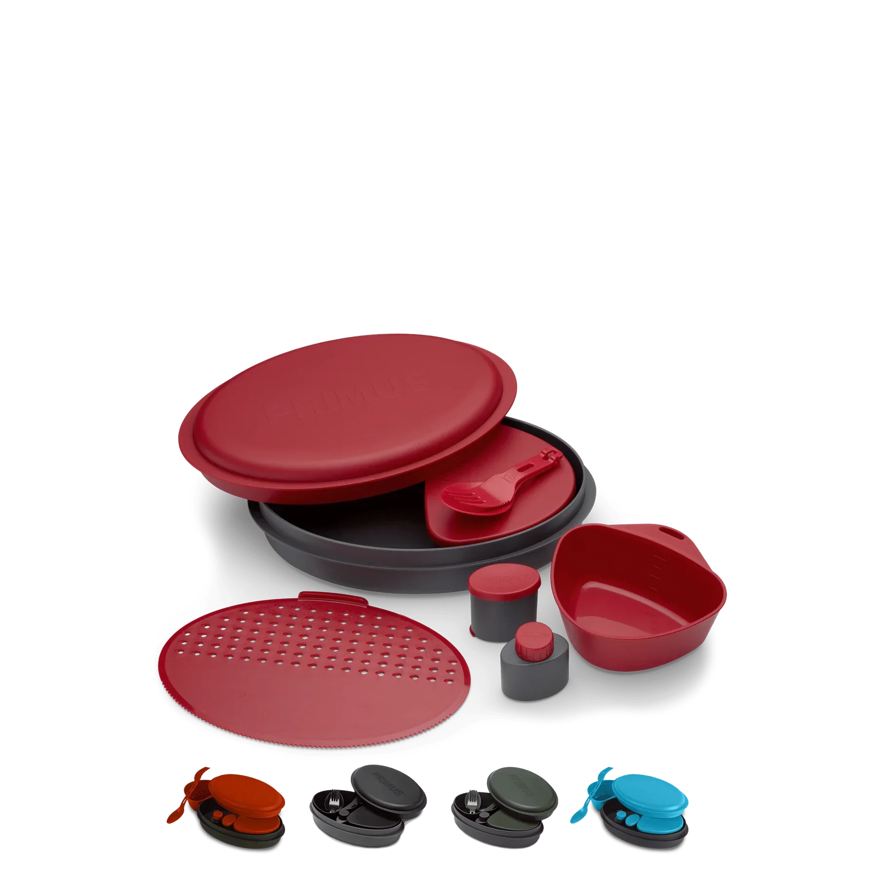 Red camping meal set with plates, bowl, spork, containers, and strainer on black background