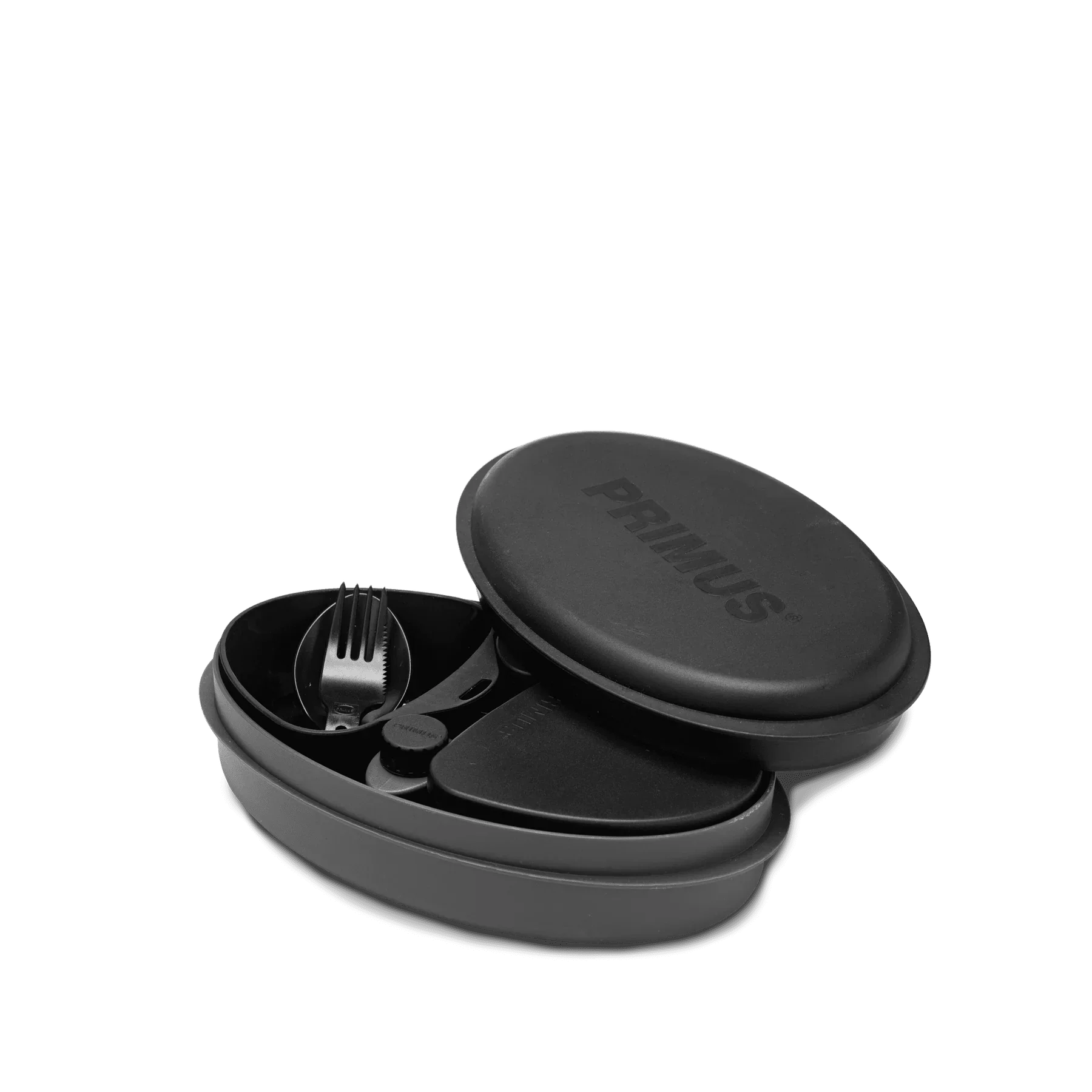 Black Primus meal set with fork, containers, and lid on a white background