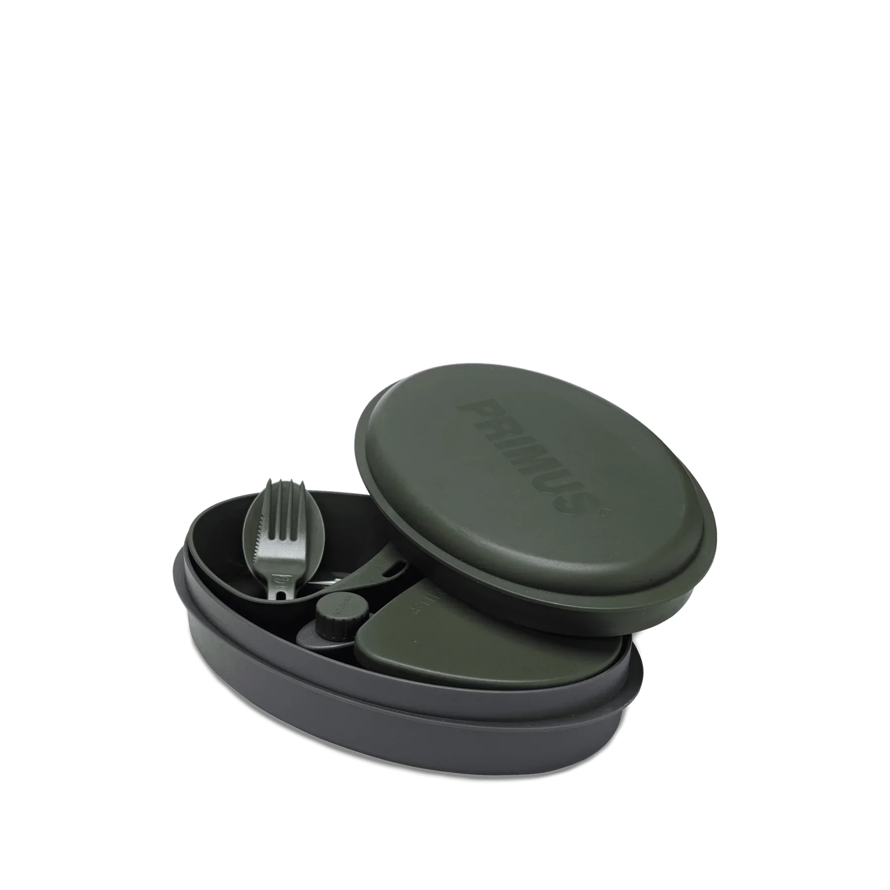 Green Primus camping meal set with spork and lid on a black background