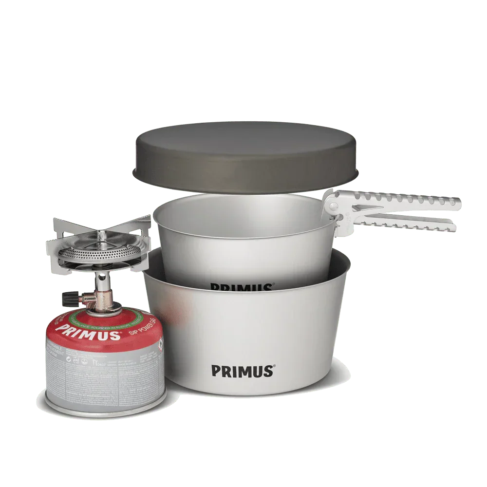 Primus Mimer stove kit with portable gas burner, two lightweight pots, lid, and gripper