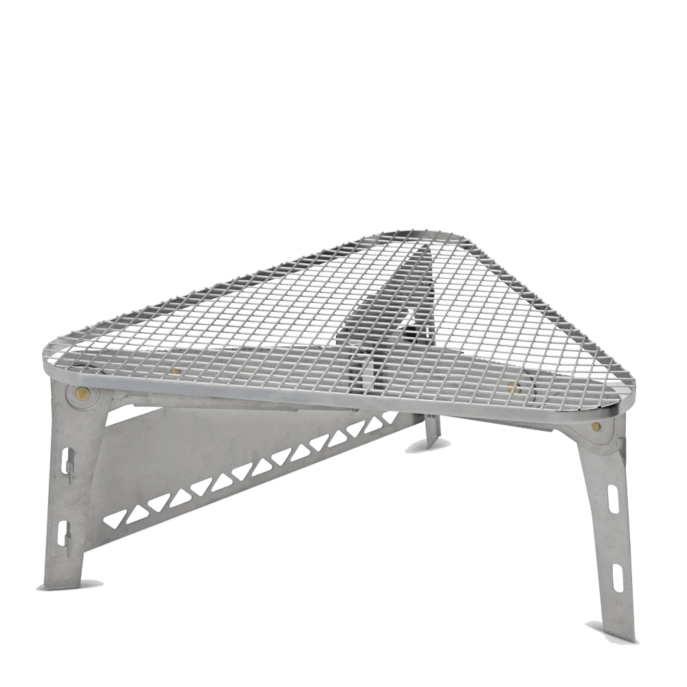 Stainless steel triangular mesh camping grill with foldable legs on white background