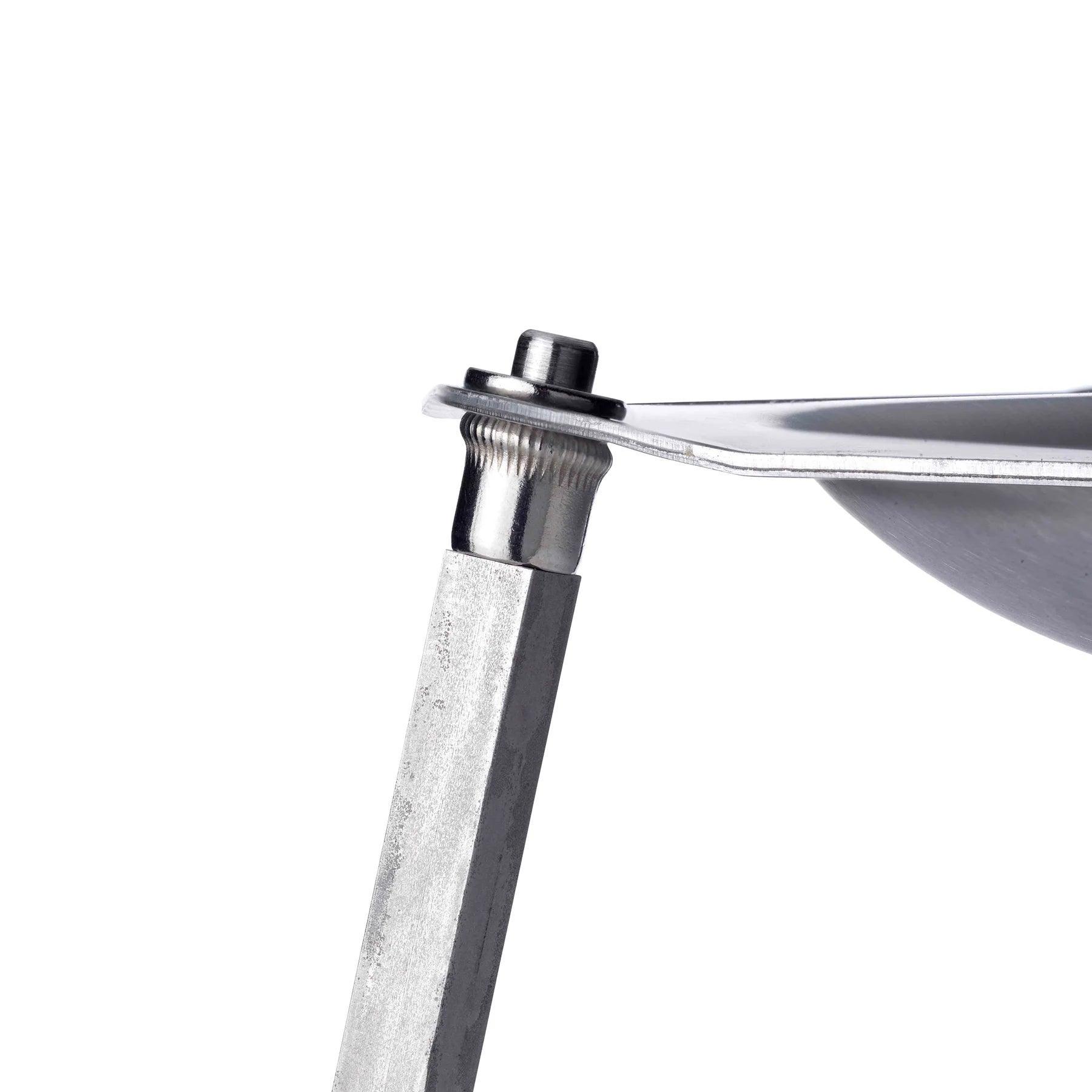 Close-up of Primus OpenFire Pan large leg and metal rim, camping cookware detail