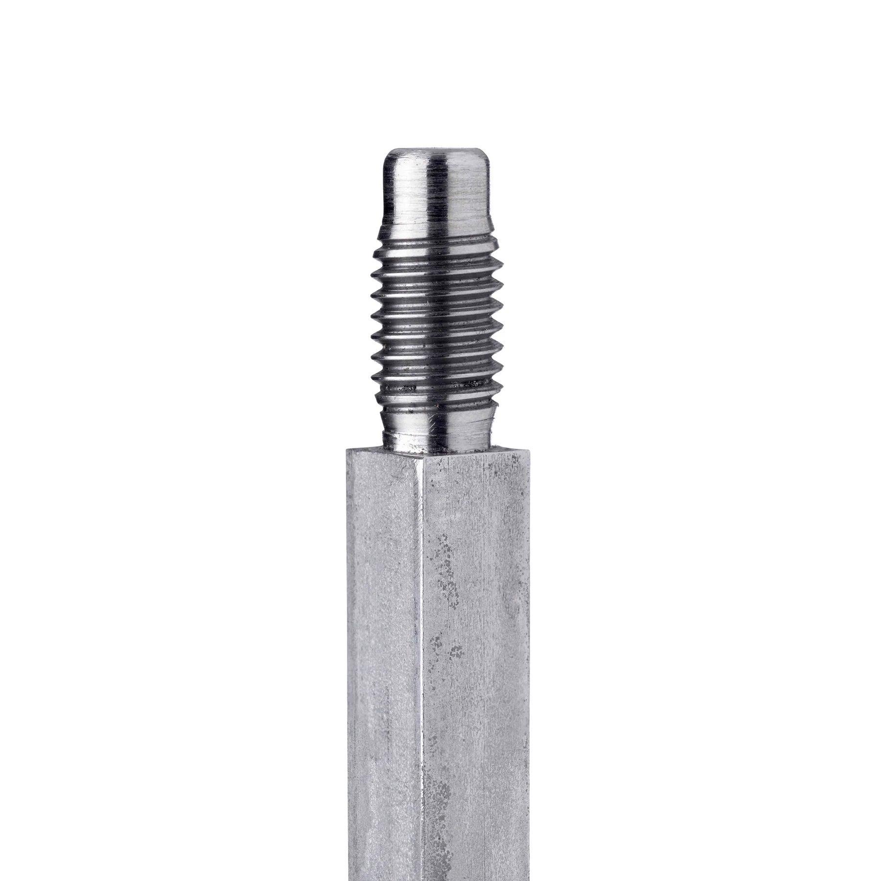 Close-up of a metal hex rod with a threaded tip on a white background
