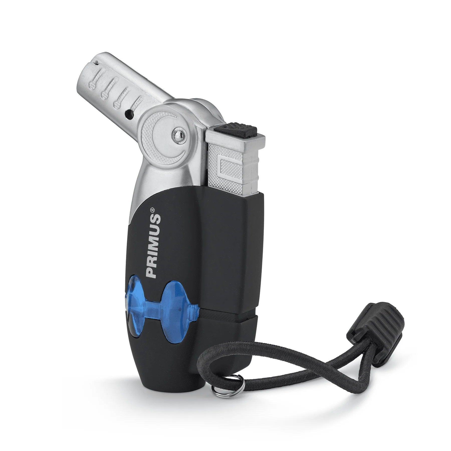 Primus Powerlighter black torch lighter with blue fuel window and lanyard, studio background