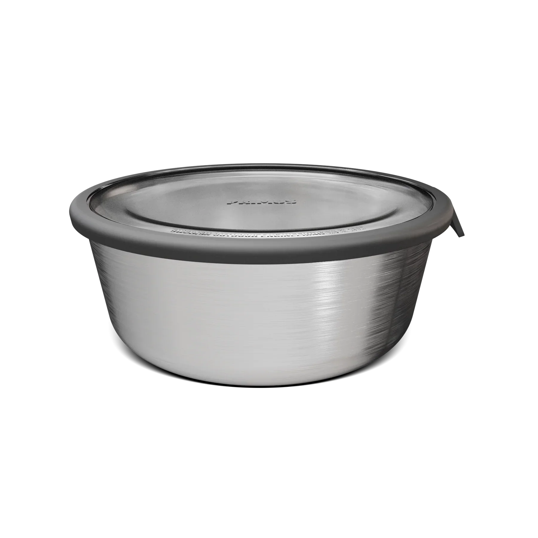 Stainless steel mixing bowl with lid, brushed finish, isolated on black background