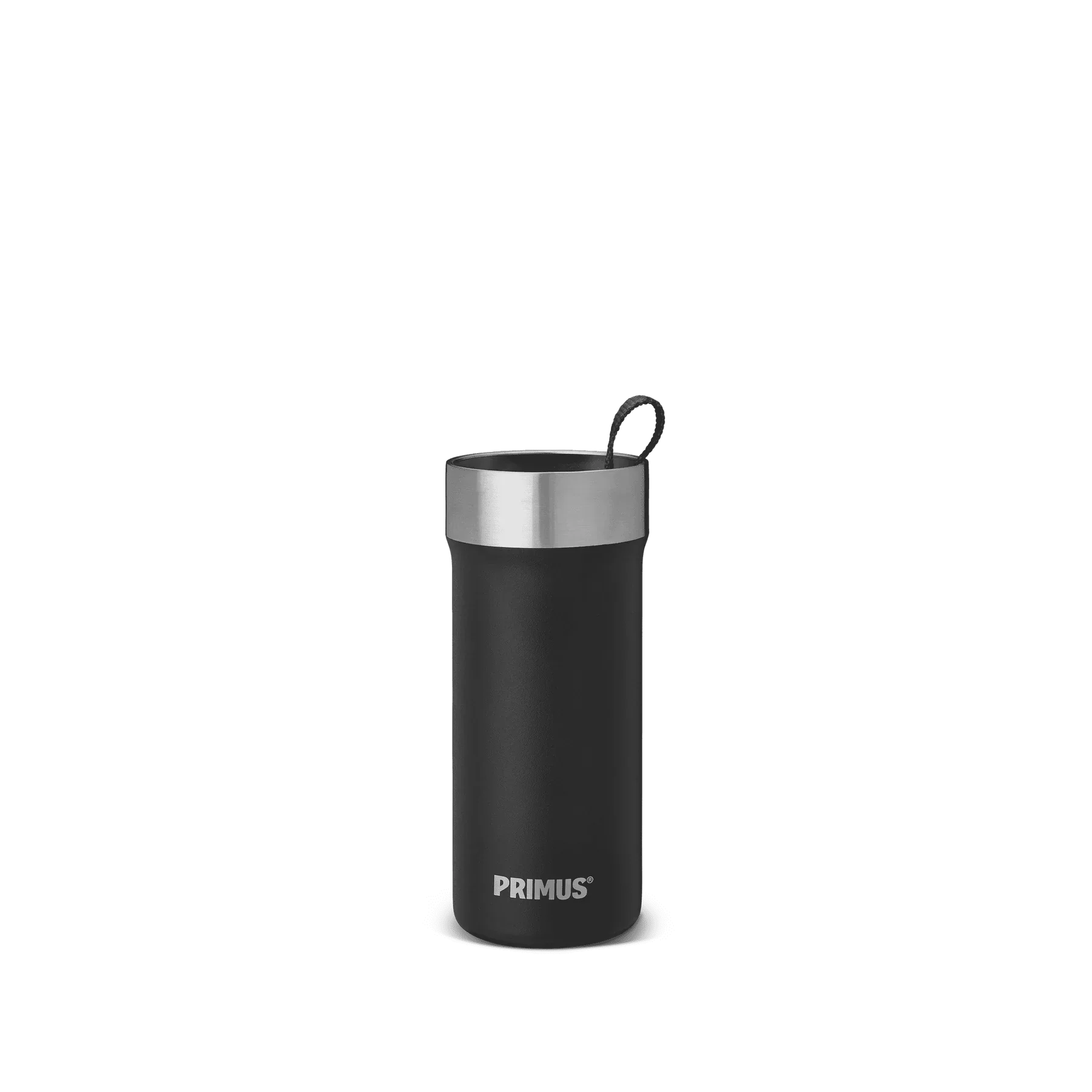 Primus black vacuum mug with silver lid and handle on plain background