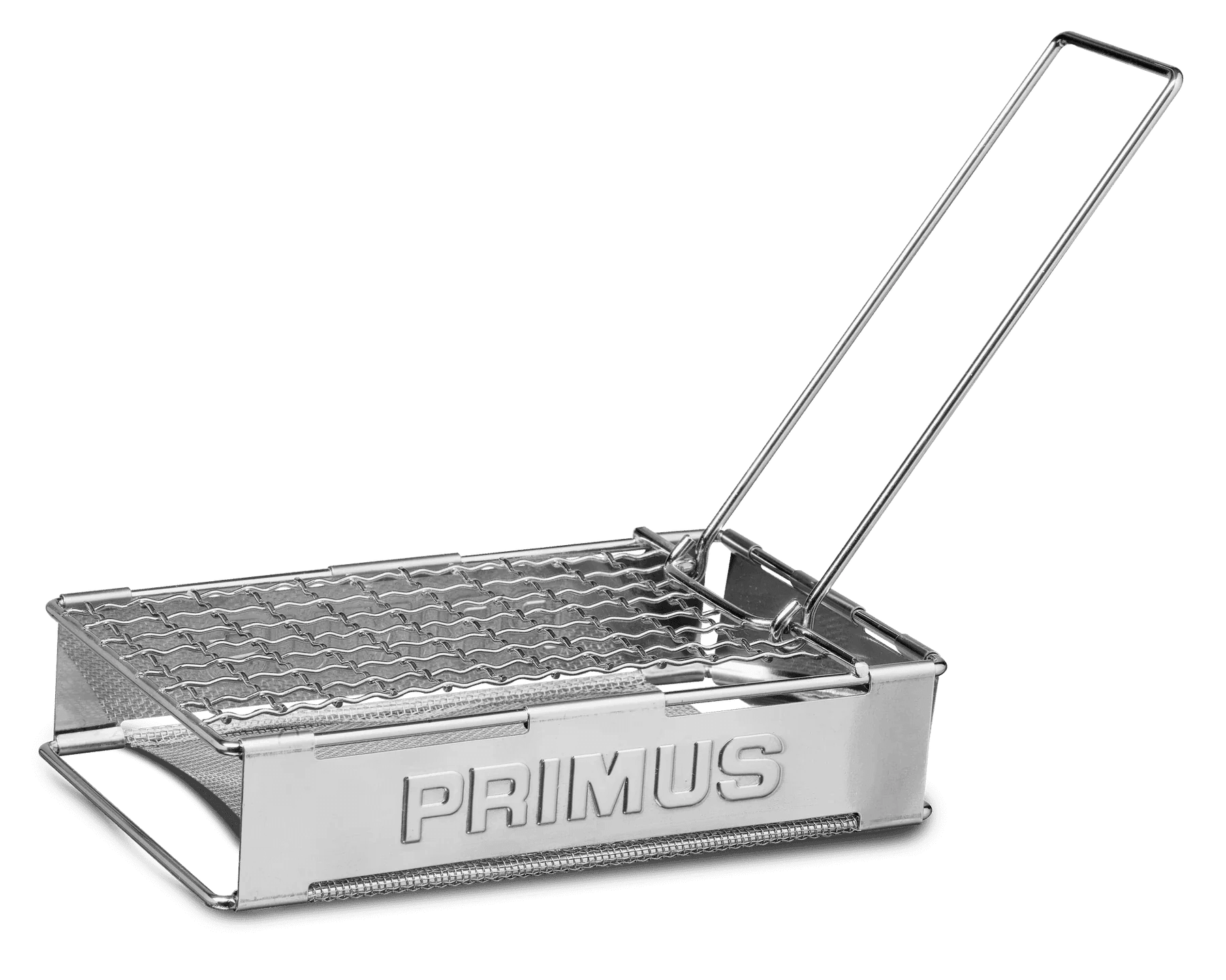Primus stainless steel camping toaster with foldable handle on a plain background