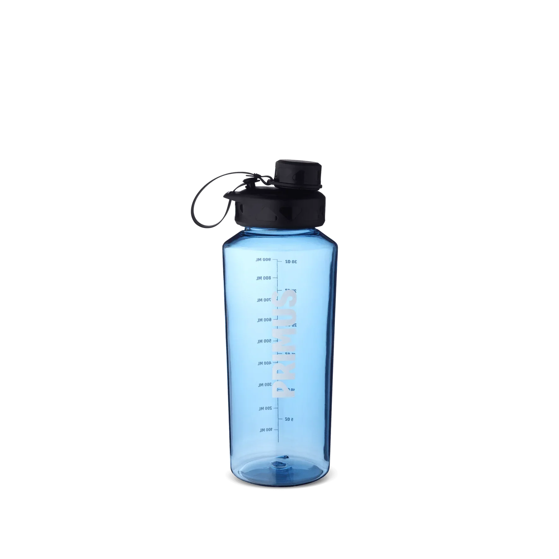 Blue Primus Trailbottle Tritan water bottle with black cap and volume markings on a white background