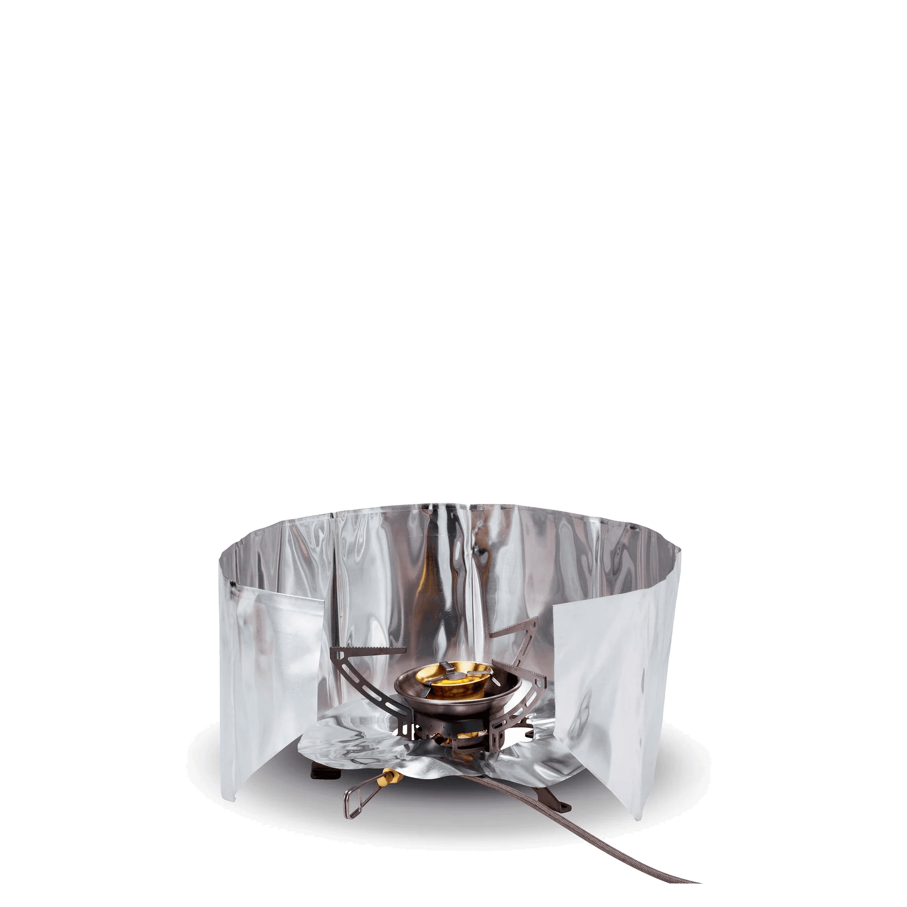 Primus windscreen and heat reflector set around compact outdoor camping stove