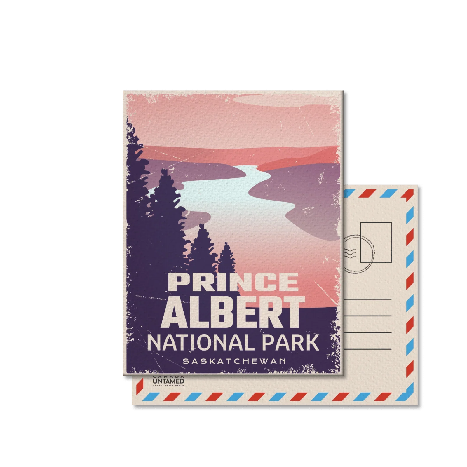 Prince Albert National Park Saskatchewan postcard with river, trees, and sunset illustration