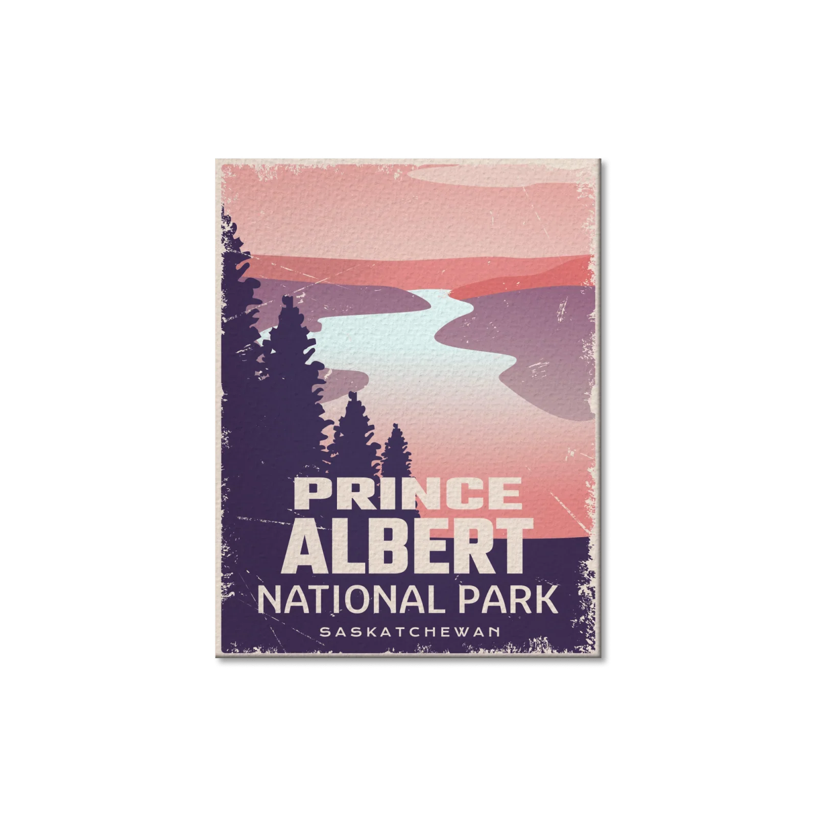 Prince Albert National Park postcard with sunset, river, pine trees, Saskatchewan text