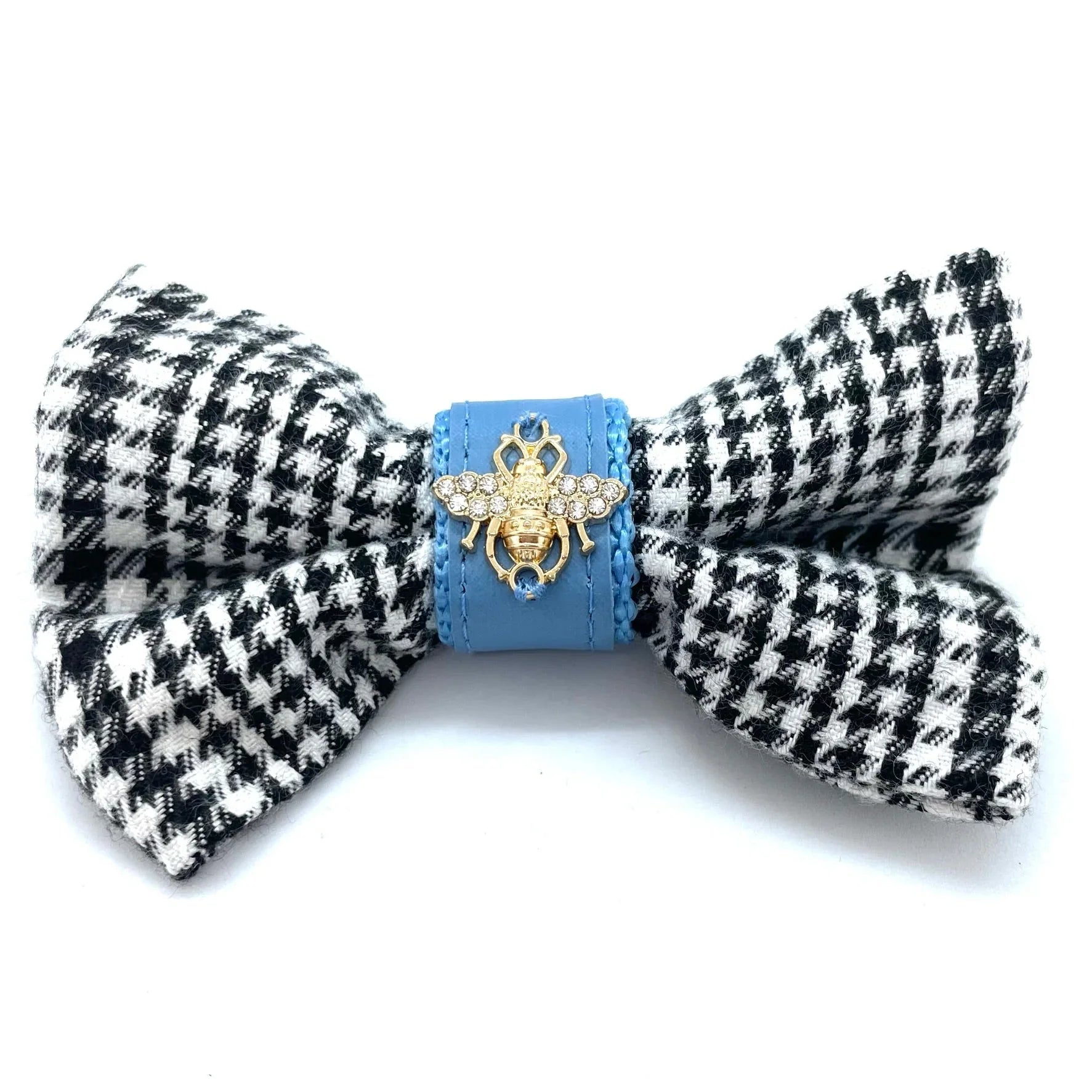 Houndstooth bow tie with blue center band and gold rhinestone bee brooch